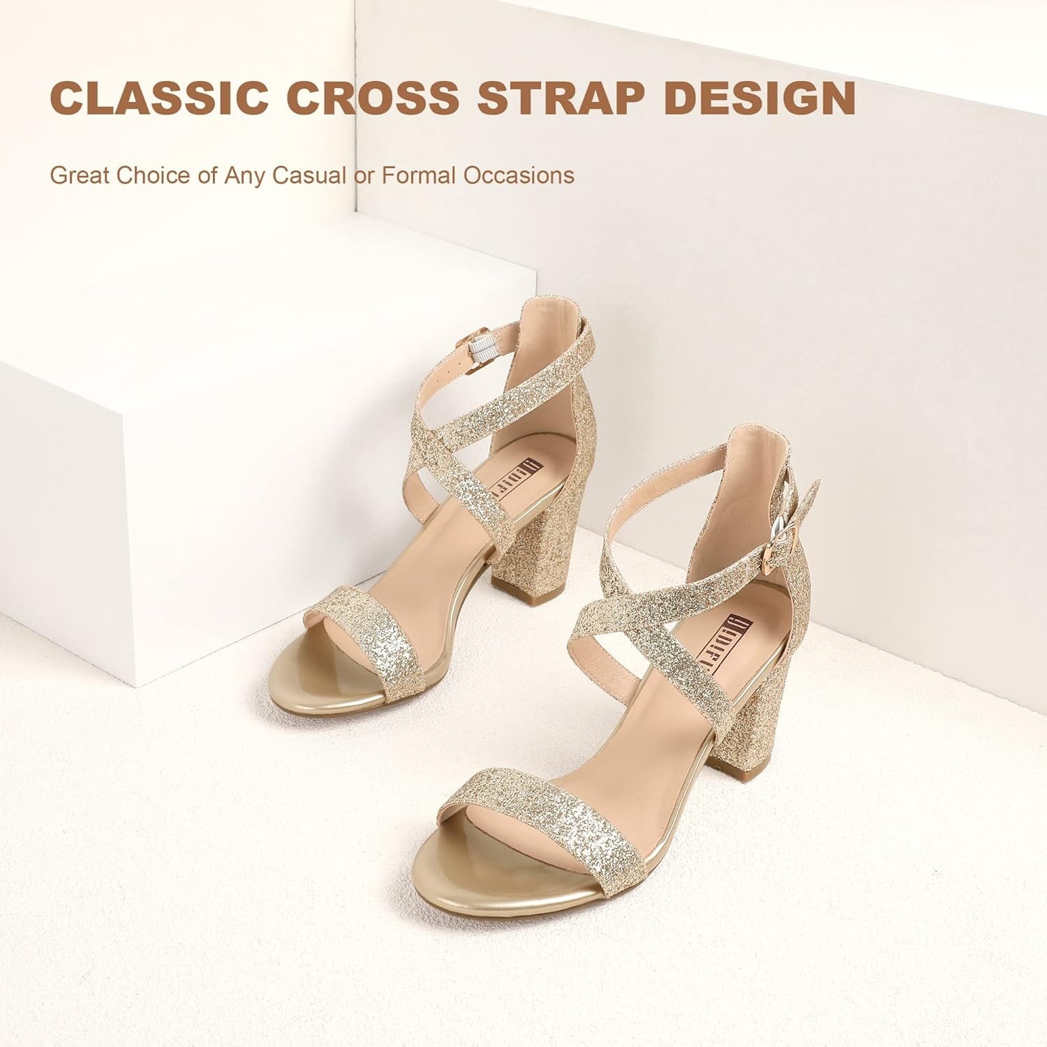 image:imageIDIFU Womens IN3 Grace Strappy Block Heels Sandals Comfy Open Toe Chunky Dress Wedding Shoes with Adjustable Cross StrapGold Sparkle
