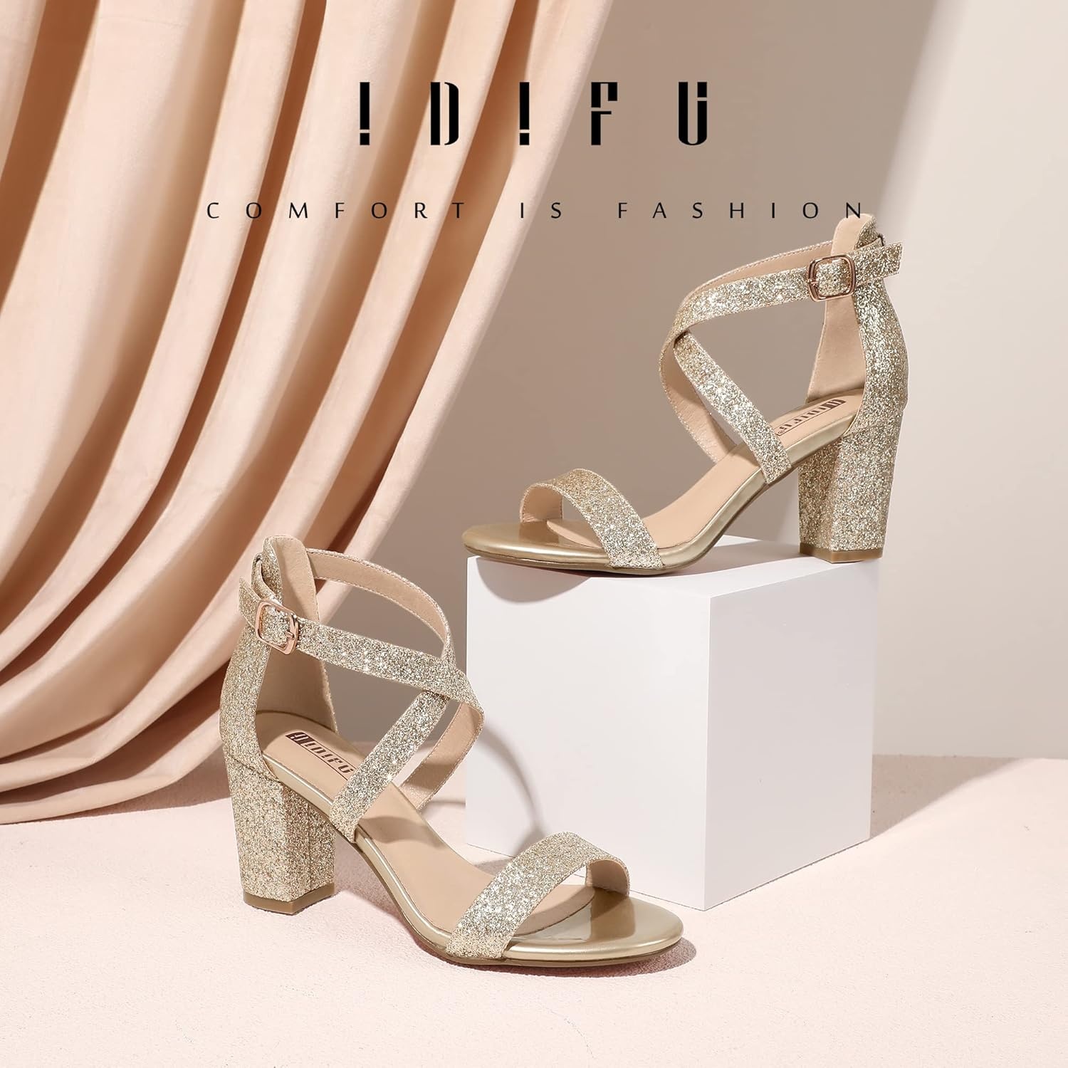 image:imageIDIFU Womens IN3 Grace Strappy Block Heels Sandals Comfy Open Toe Chunky Dress Wedding Shoes with Adjustable Cross StrapGold Sparkle