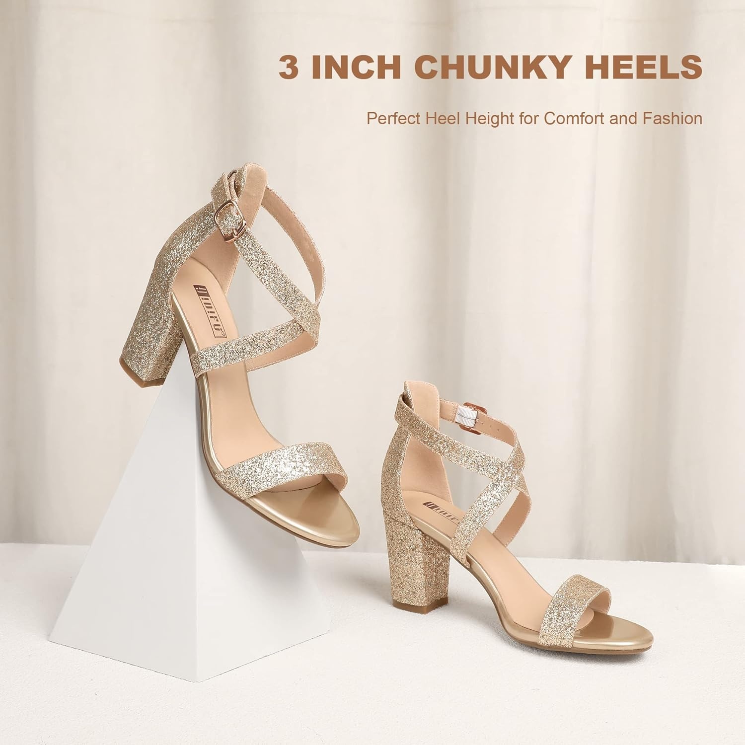 image:imageIDIFU Womens IN3 Grace Strappy Block Heels Sandals Comfy Open Toe Chunky Dress Wedding Shoes with Adjustable Cross StrapGold Sparkle