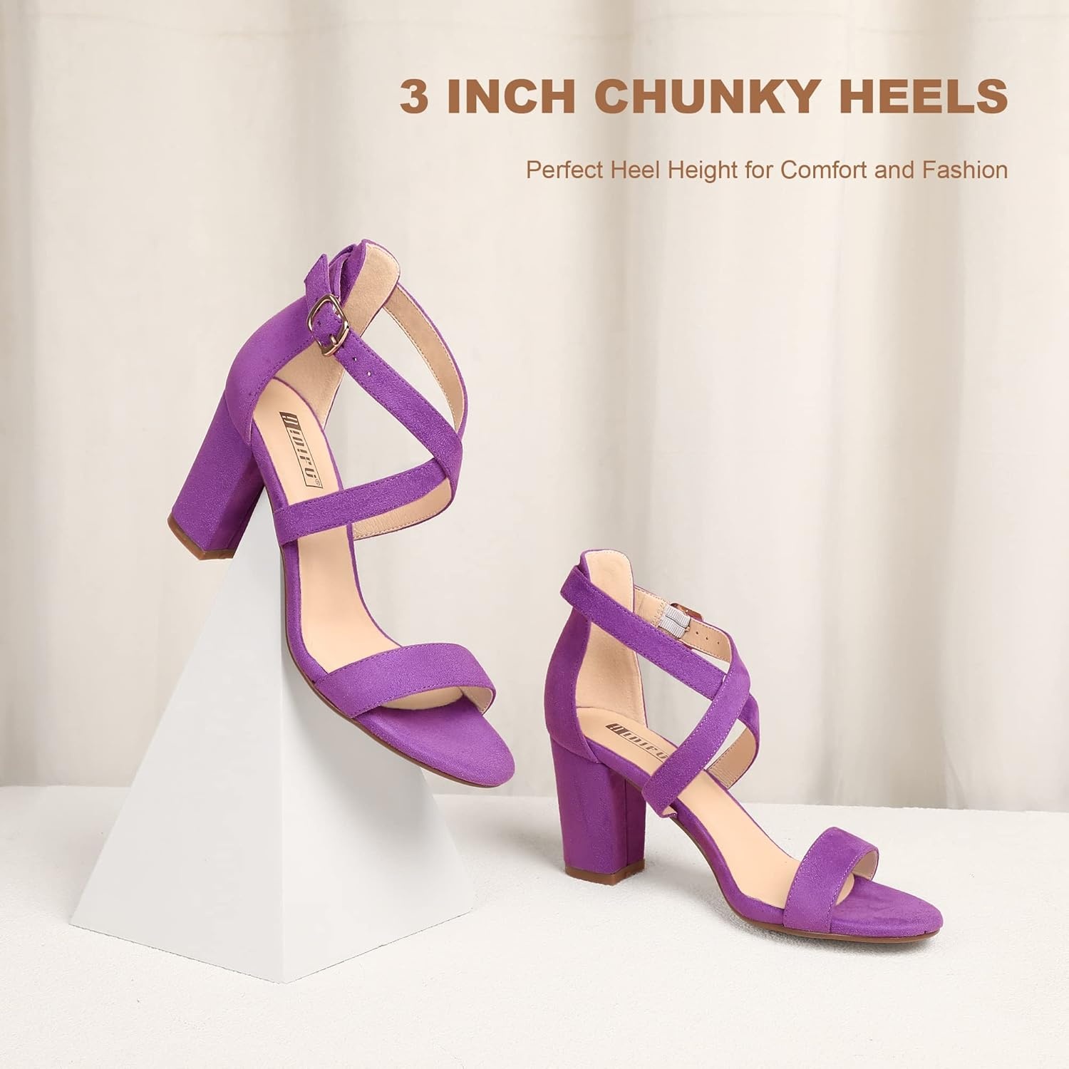 image:imageIDIFU Womens IN3 Grace Strappy Block Heels Sandals Comfy Open Toe Chunky Dress Wedding Shoes with Adjustable Cross StrapLavender Suede