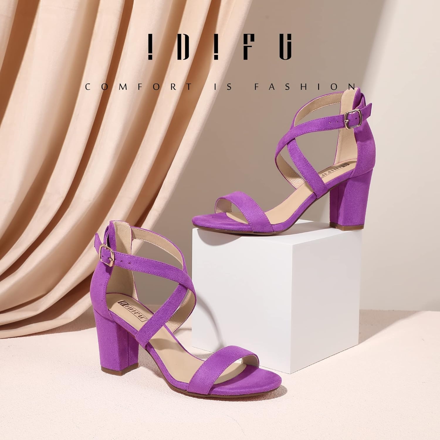 image:imageIDIFU Womens IN3 Grace Strappy Block Heels Sandals Comfy Open Toe Chunky Dress Wedding Shoes with Adjustable Cross StrapLavender Suede