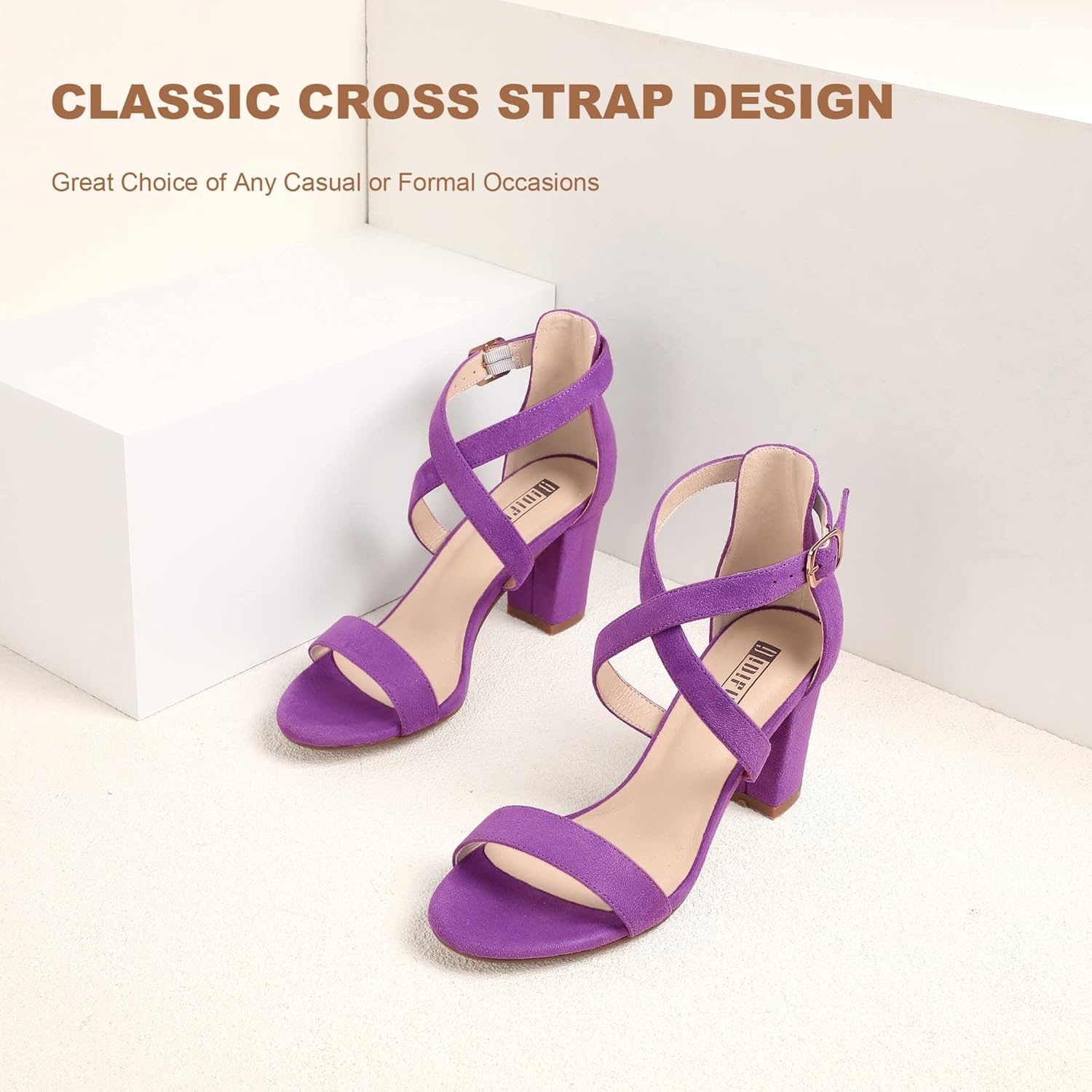 image:imageIDIFU Womens IN3 Grace Strappy Block Heels Sandals Comfy Open Toe Chunky Dress Wedding Shoes with Adjustable Cross StrapLavender Suede