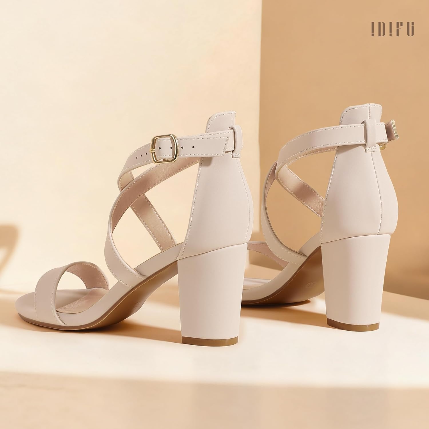 image:imageIDIFU Womens IN3 Grace Strappy Block Heels Sandals Comfy Open Toe Chunky Dress Wedding Shoes with Adjustable Cross StrapNude Nubuck