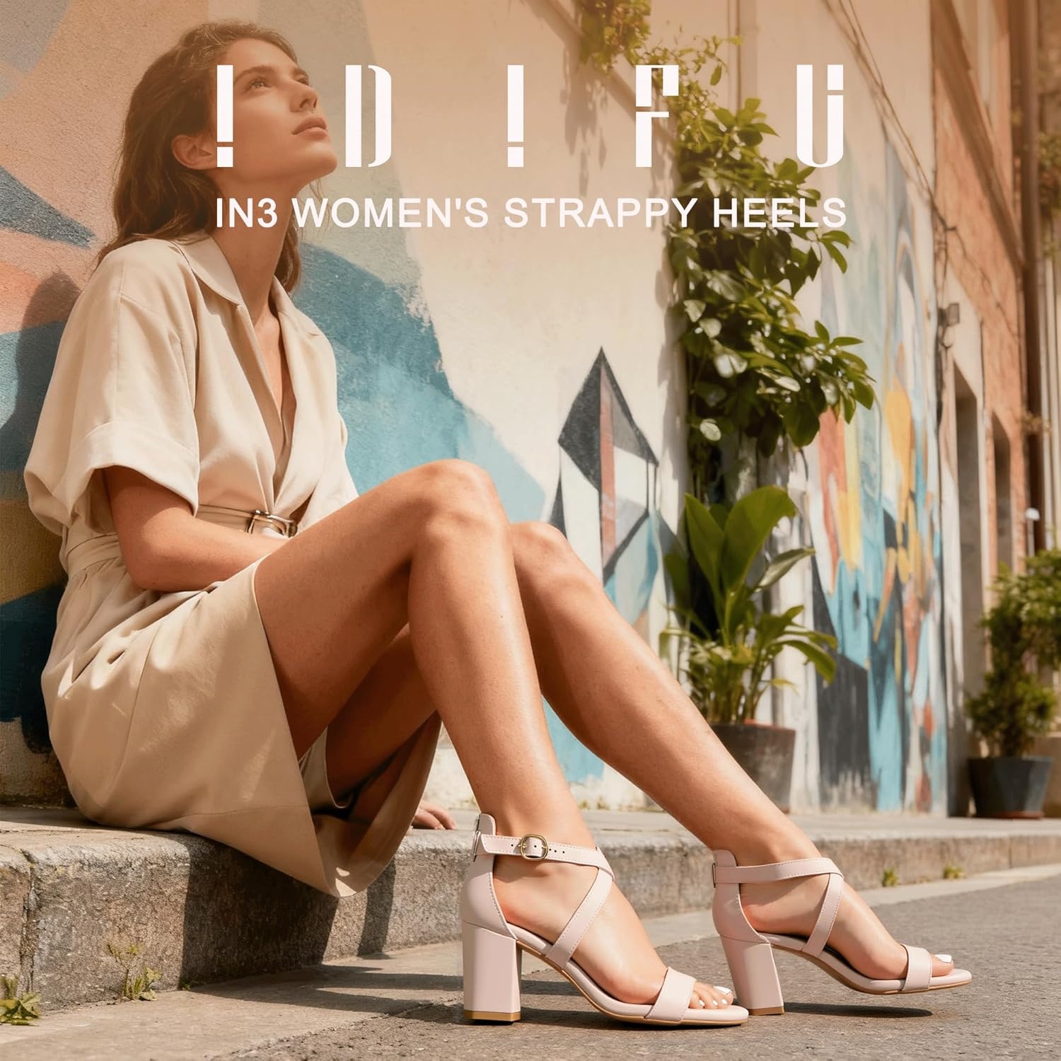 image:imageIDIFU Womens IN3 Grace Strappy Block Heels Sandals Comfy Open Toe Chunky Dress Wedding Shoes with Adjustable Cross StrapNude Nubuck