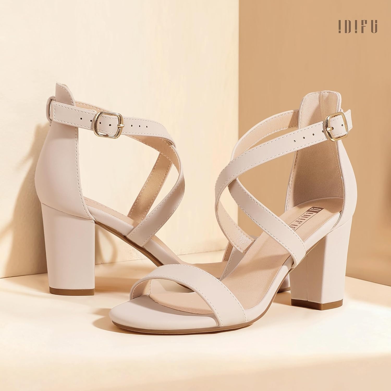 image:imageIDIFU Womens IN3 Grace Strappy Block Heels Sandals Comfy Open Toe Chunky Dress Wedding Shoes with Adjustable Cross StrapNude Nubuck