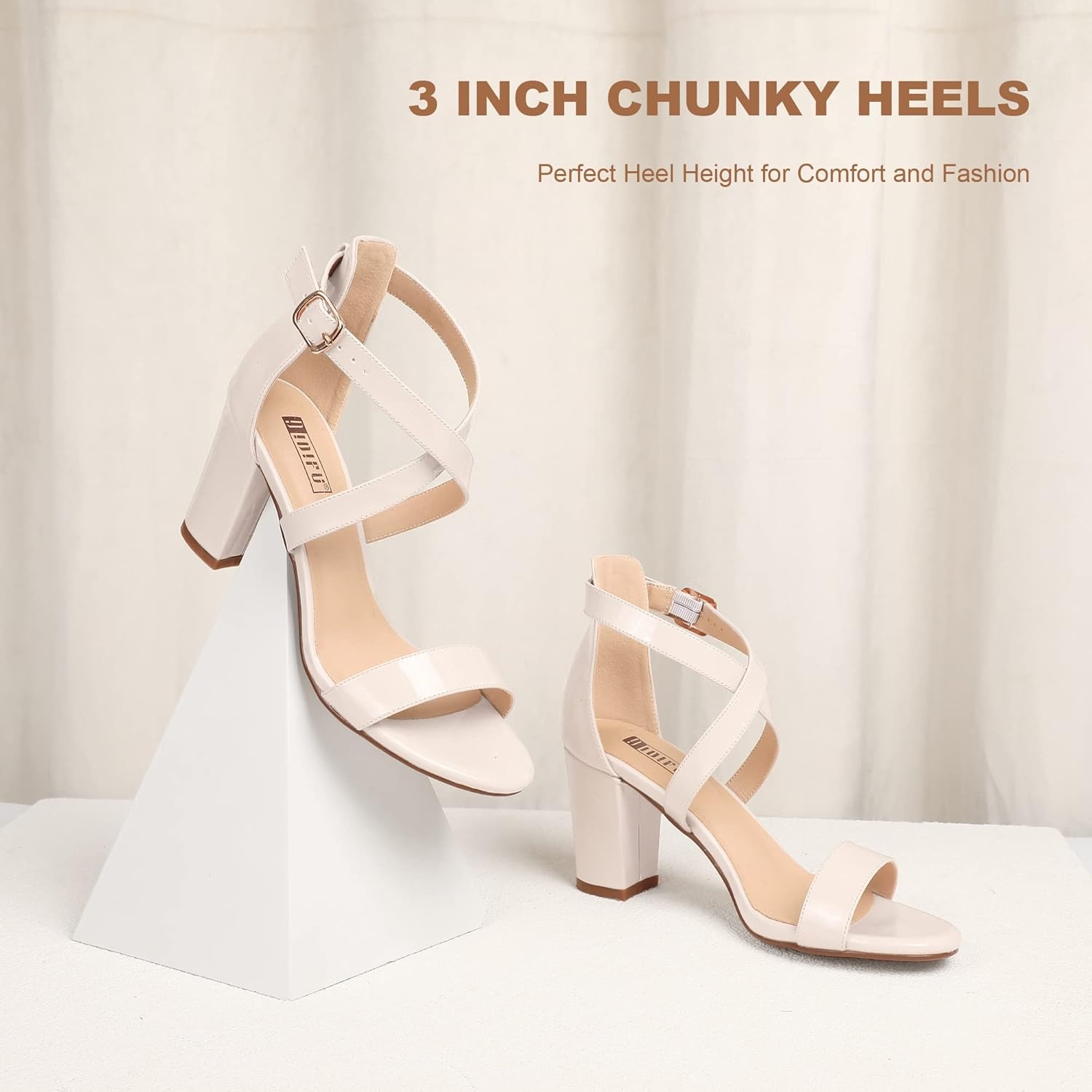 image:imageIDIFU Womens IN3 Grace Strappy Block Heels Sandals Comfy Open Toe Chunky Dress Wedding Shoes with Adjustable Cross StrapNude Patent