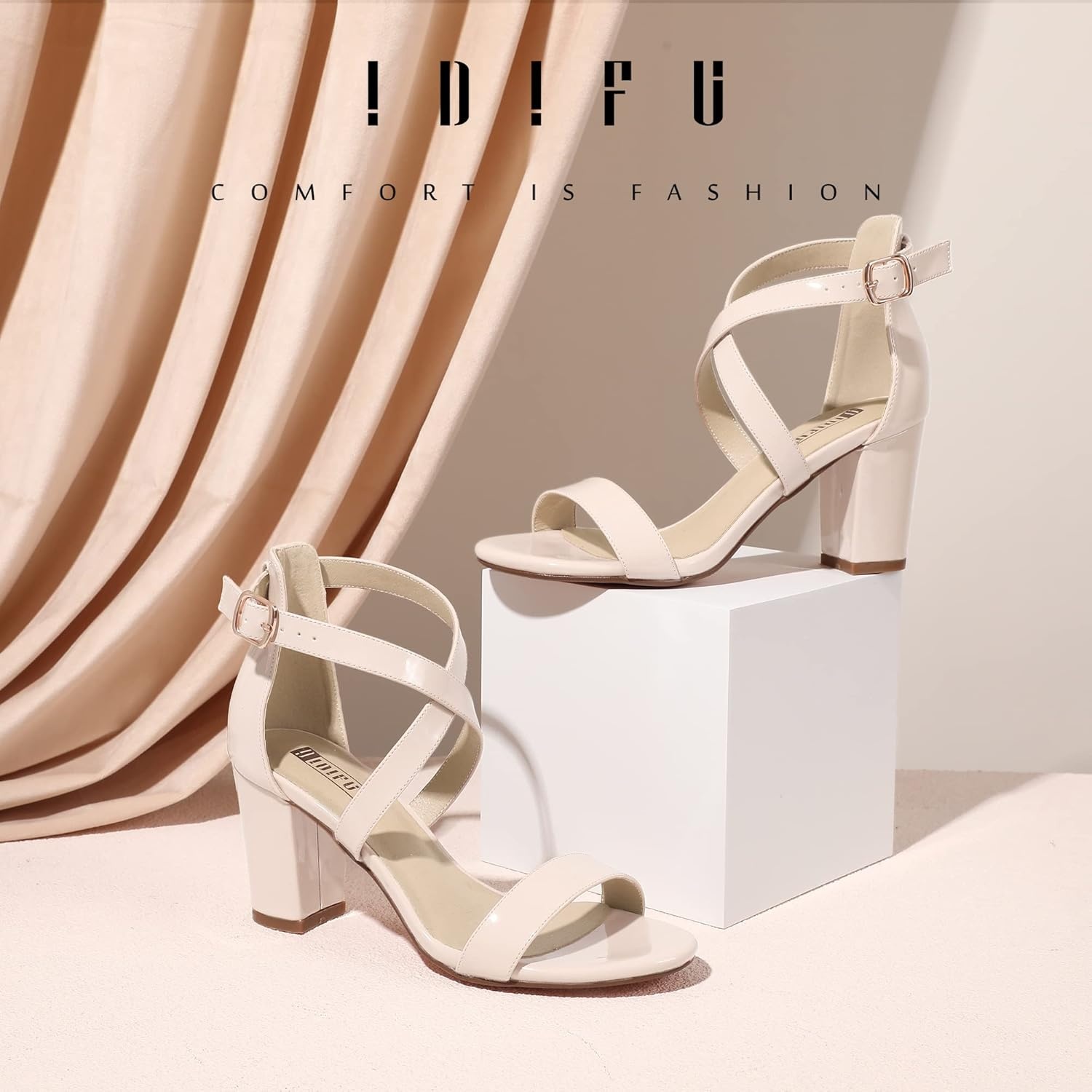 image:imageIDIFU Womens IN3 Grace Strappy Block Heels Sandals Comfy Open Toe Chunky Dress Wedding Shoes with Adjustable Cross StrapNude Patent