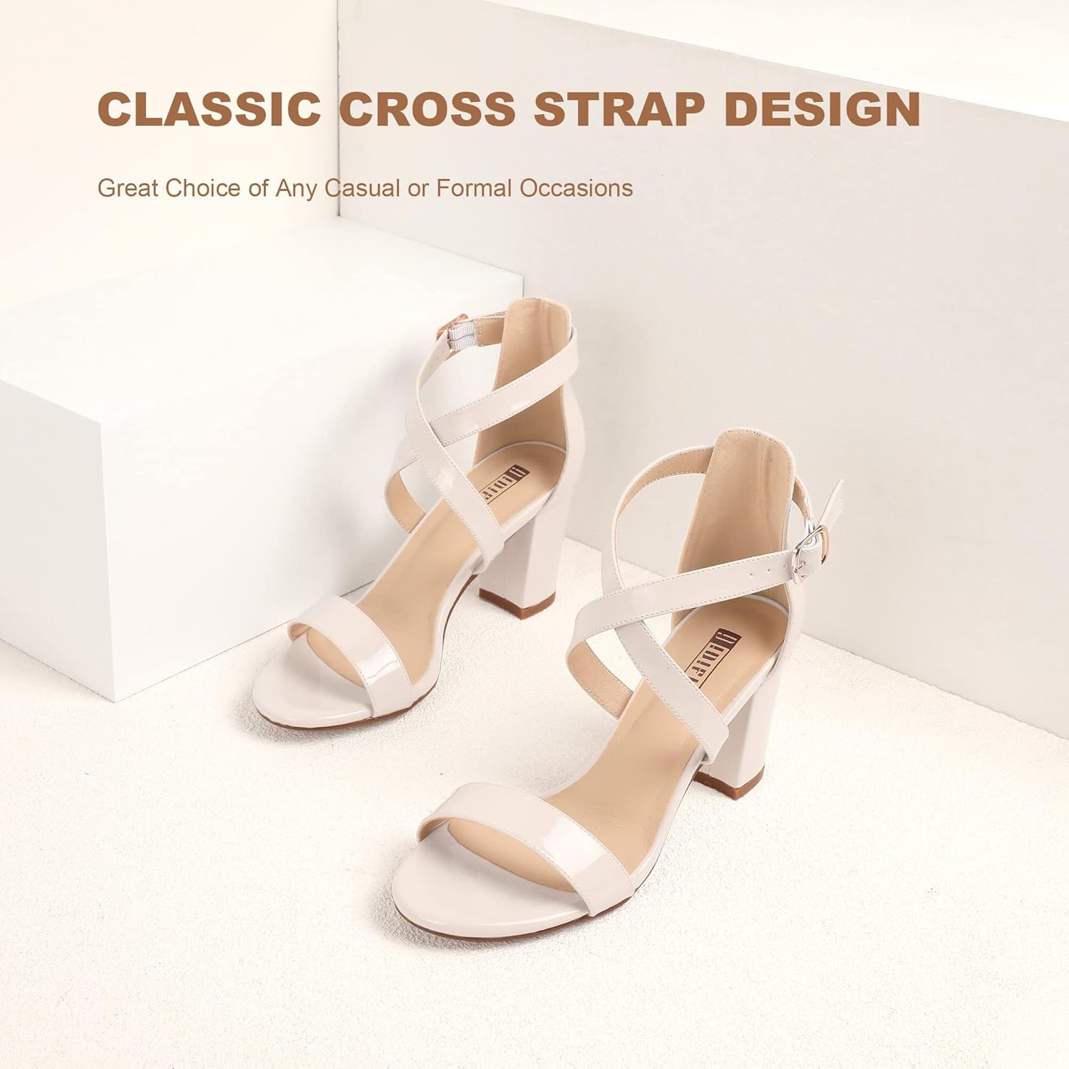 image:imageIDIFU Womens IN3 Grace Strappy Block Heels Sandals Comfy Open Toe Chunky Dress Wedding Shoes with Adjustable Cross StrapNude Patent