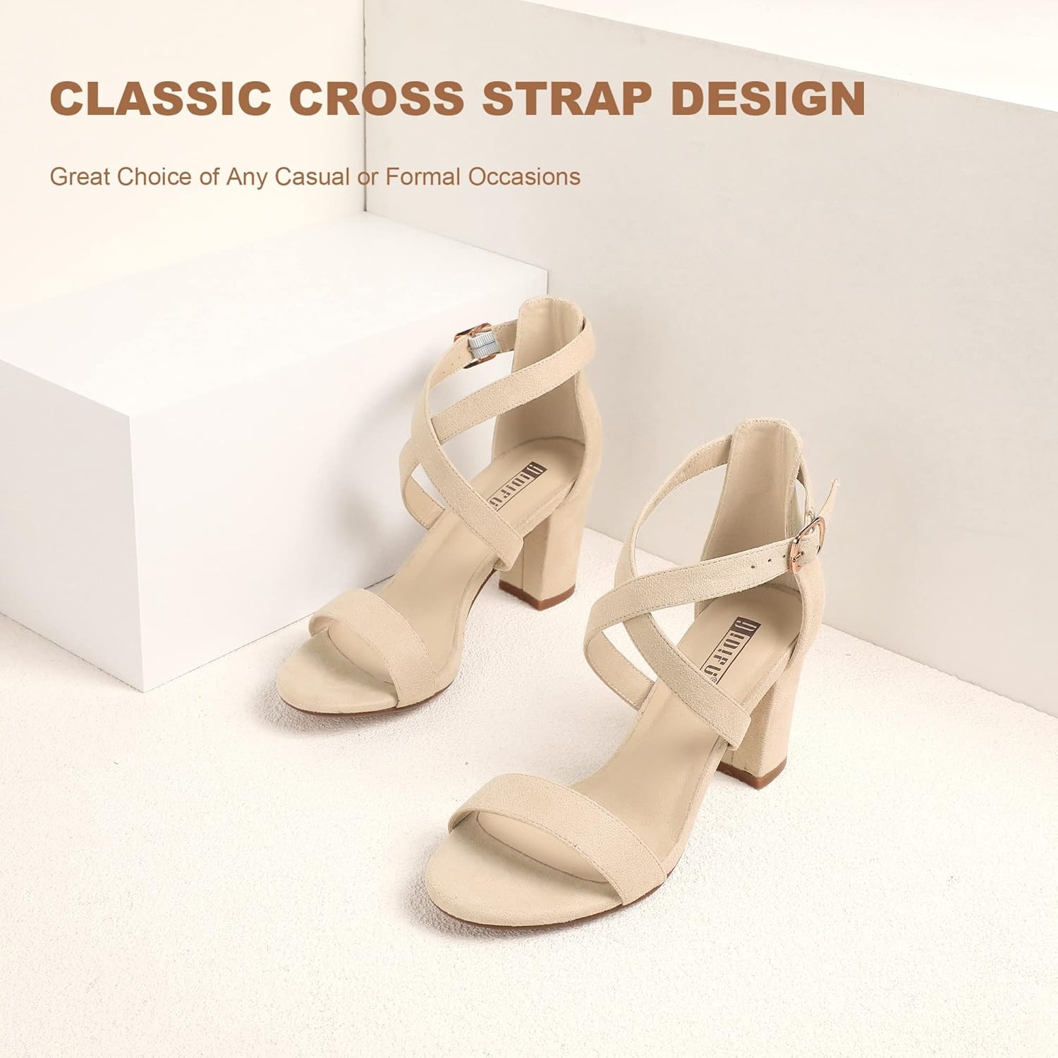 image:imageIDIFU Womens IN3 Grace Strappy Block Heels Sandals Comfy Open Toe Chunky Dress Wedding Shoes with Adjustable Cross StrapNude Suede