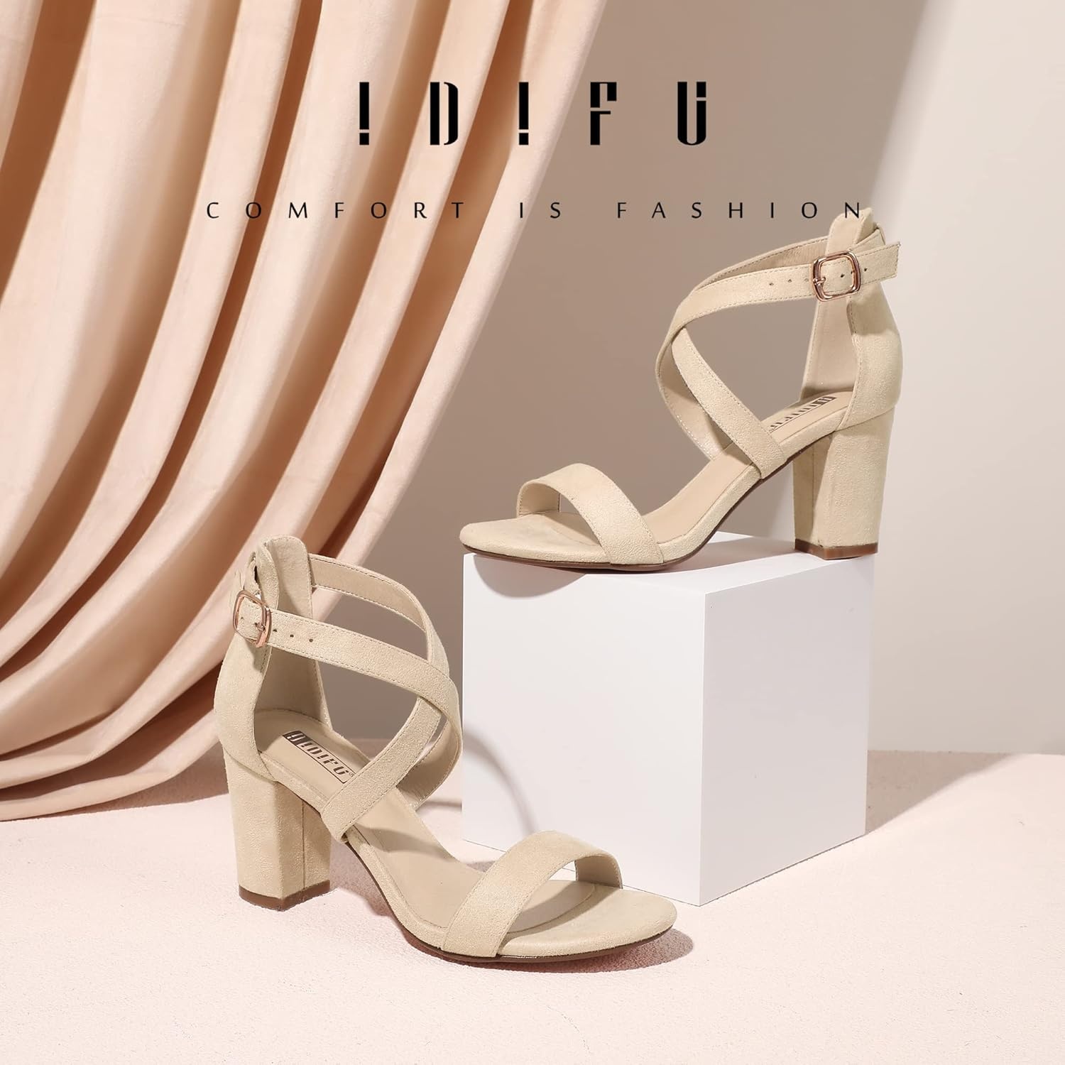 image:imageIDIFU Womens IN3 Grace Strappy Block Heels Sandals Comfy Open Toe Chunky Dress Wedding Shoes with Adjustable Cross StrapNude Suede