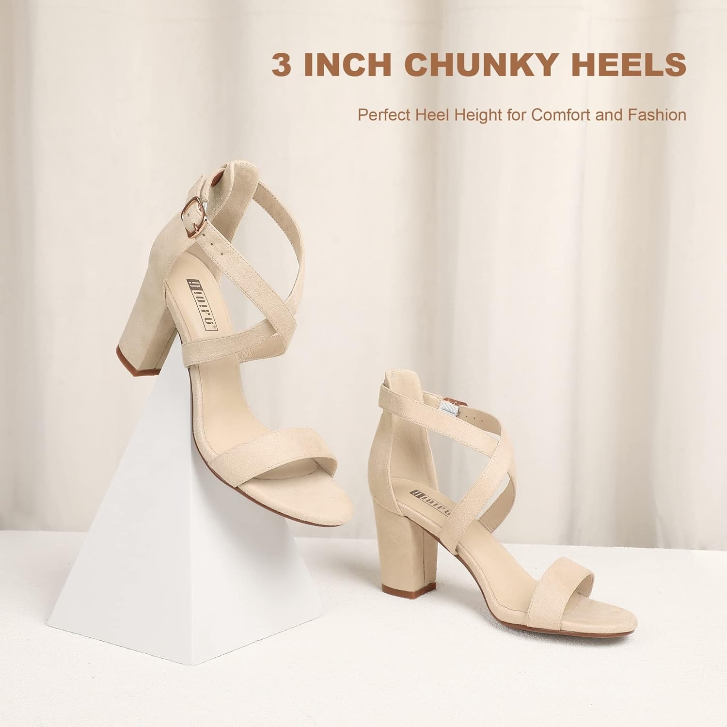 image:imageIDIFU Womens IN3 Grace Strappy Block Heels Sandals Comfy Open Toe Chunky Dress Wedding Shoes with Adjustable Cross StrapNude Suede
