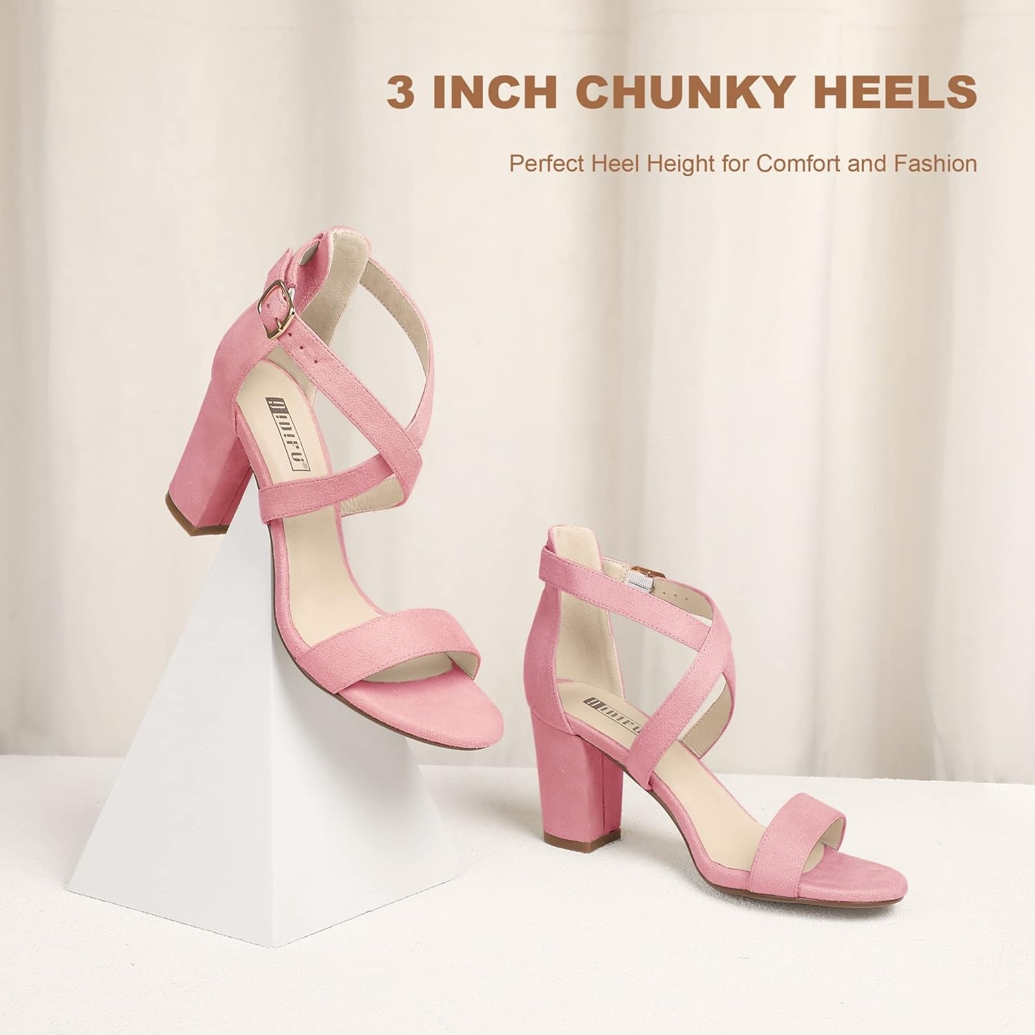 image:imageIDIFU Womens IN3 Grace Strappy Block Heels Sandals Comfy Open Toe Chunky Dress Wedding Shoes with Adjustable Cross StrapPink Suede