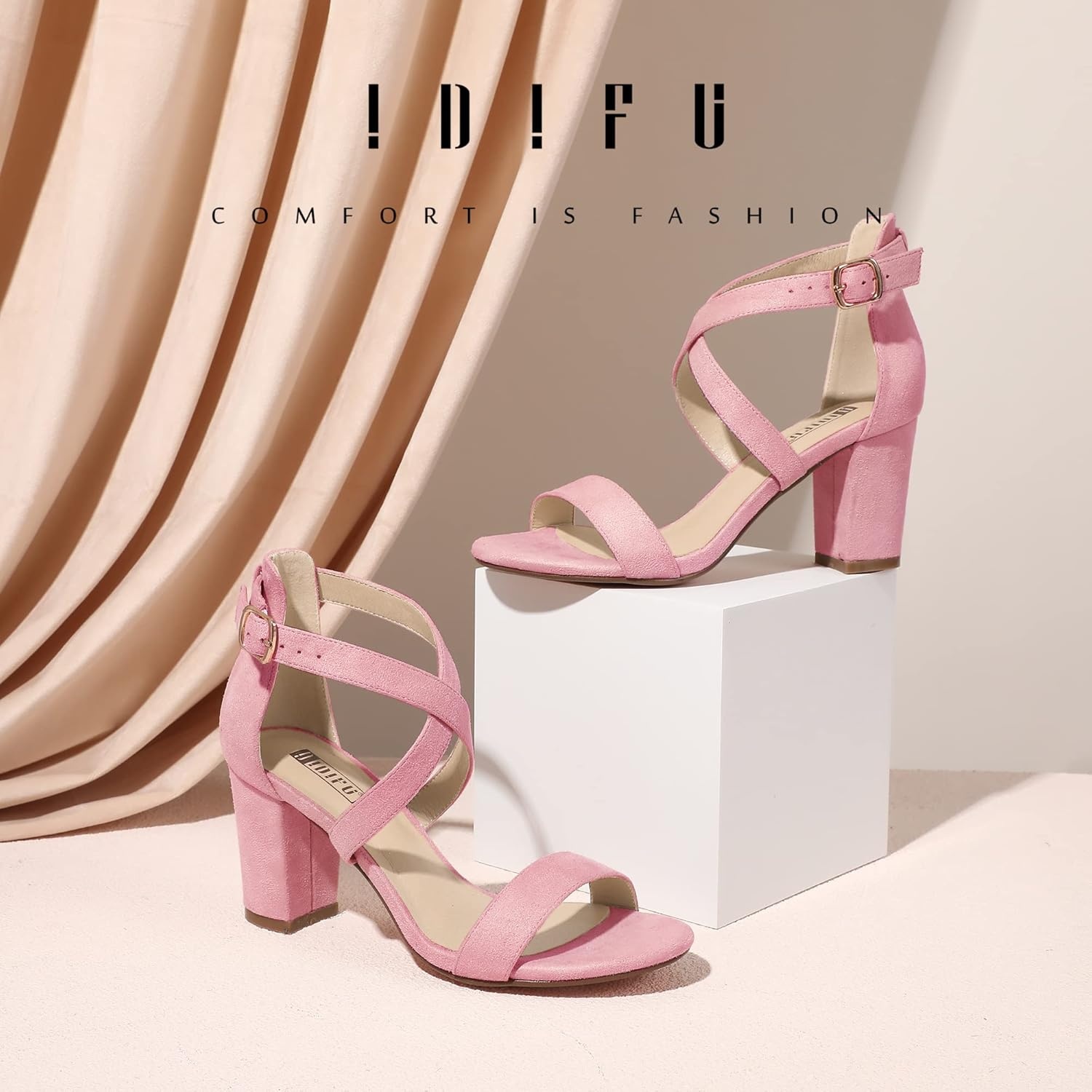 image:imageIDIFU Womens IN3 Grace Strappy Block Heels Sandals Comfy Open Toe Chunky Dress Wedding Shoes with Adjustable Cross StrapPink Suede