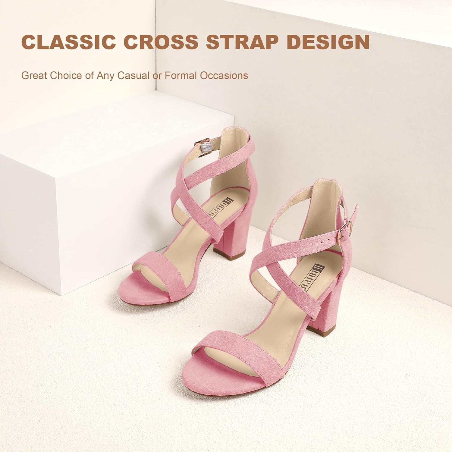image:imageIDIFU Womens IN3 Grace Strappy Block Heels Sandals Comfy Open Toe Chunky Dress Wedding Shoes with Adjustable Cross StrapPink Suede