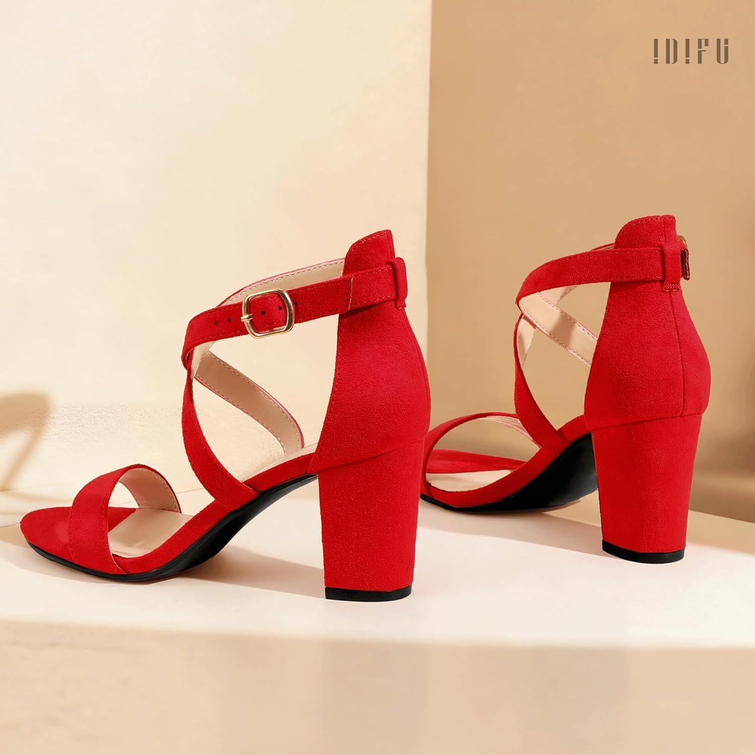 image:imageIDIFU Womens IN3 Grace Strappy Block Heels Sandals Comfy Open Toe Chunky Dress Wedding Shoes with Adjustable Cross StrapRed Suede