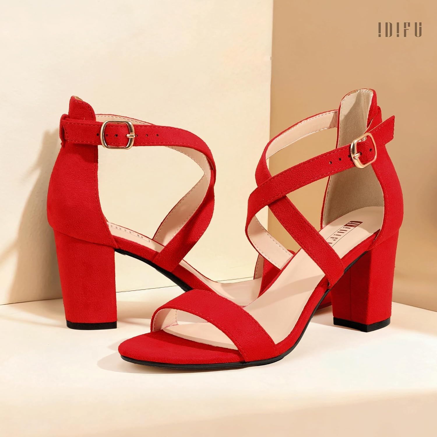 image:imageIDIFU Womens IN3 Grace Strappy Block Heels Sandals Comfy Open Toe Chunky Dress Wedding Shoes with Adjustable Cross StrapRed Suede