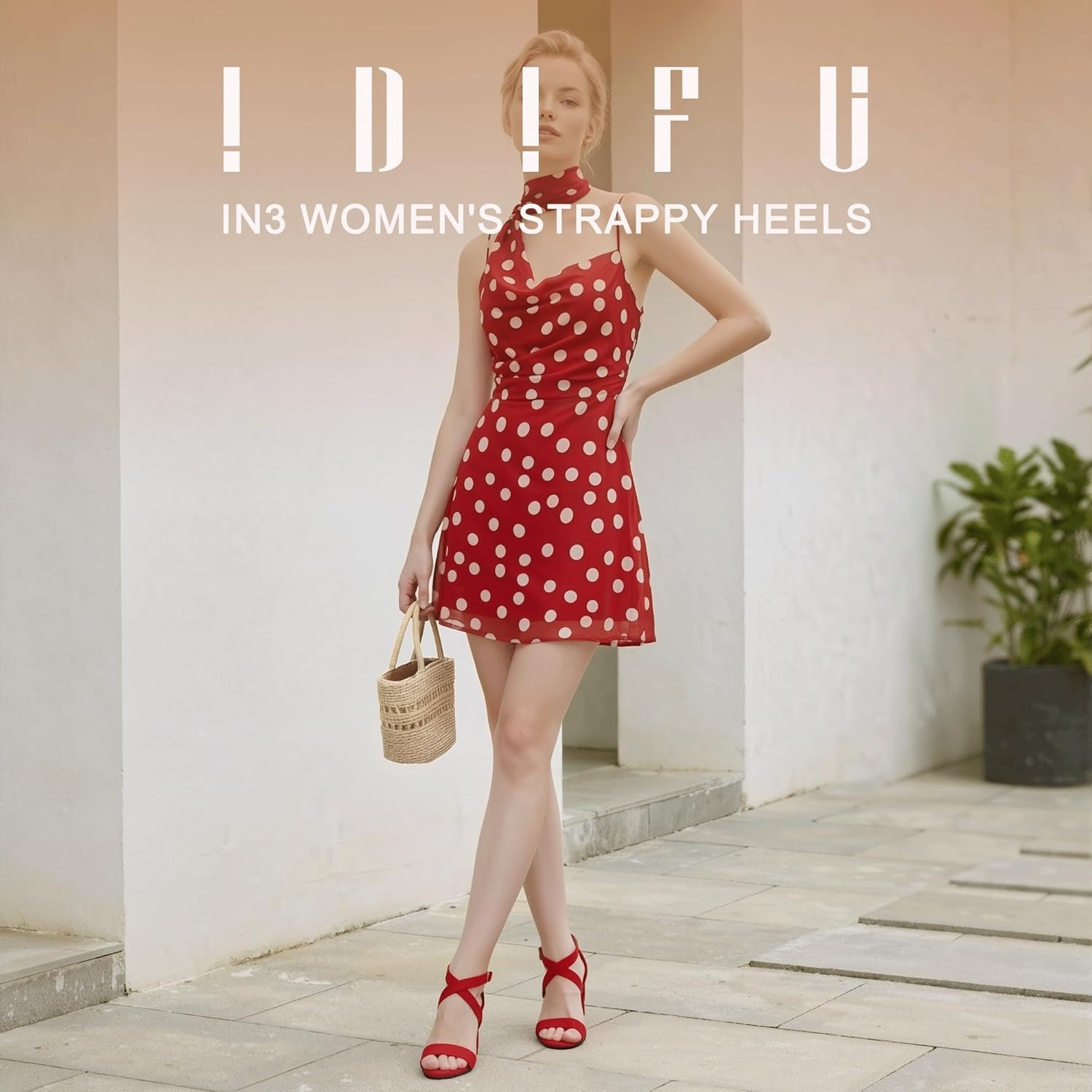 image:imageIDIFU Womens IN3 Grace Strappy Block Heels Sandals Comfy Open Toe Chunky Dress Wedding Shoes with Adjustable Cross StrapRed Suede