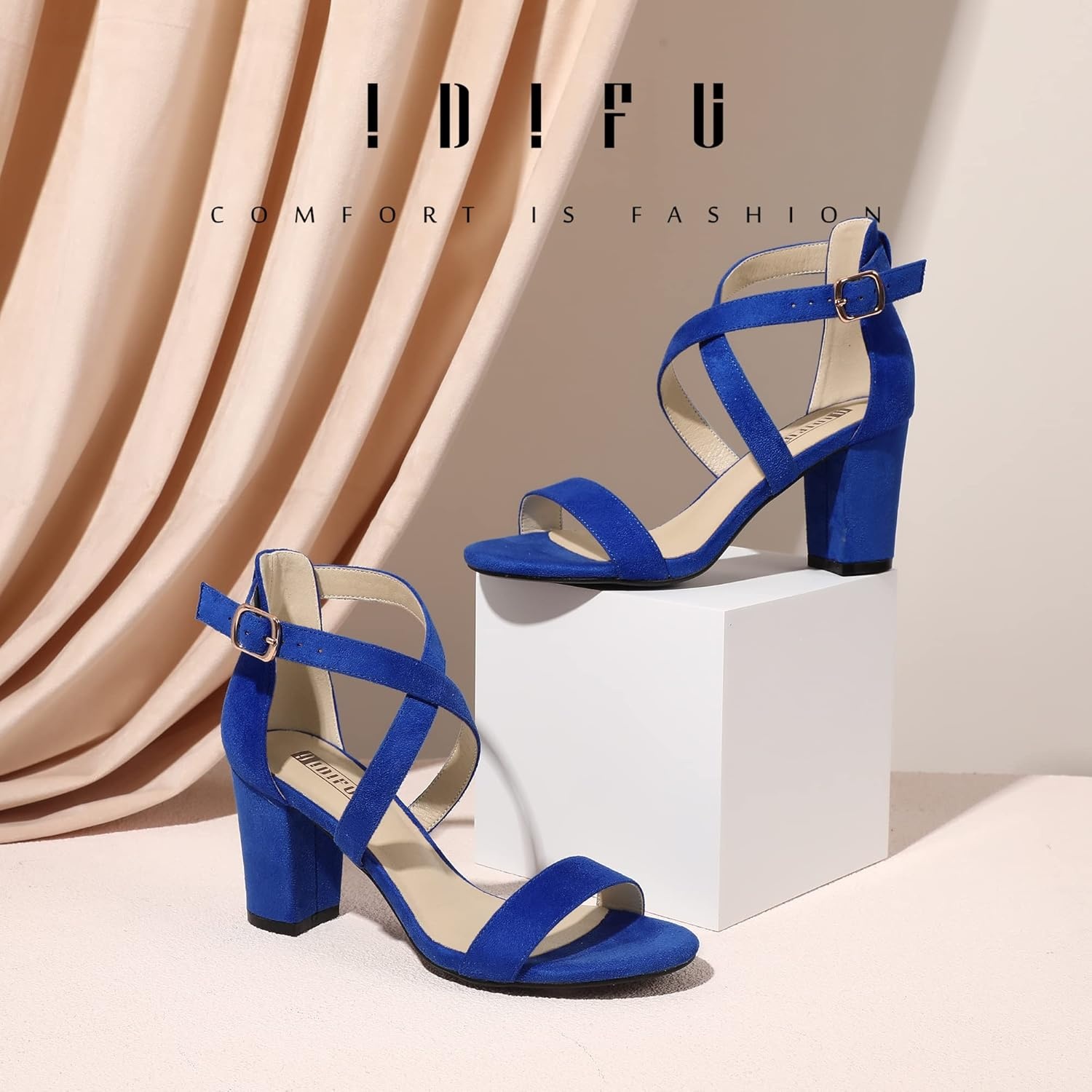 image:imageIDIFU Womens IN3 Grace Strappy Block Heels Sandals Comfy Open Toe Chunky Dress Wedding Shoes with Adjustable Cross StrapRoyal Blue Suede