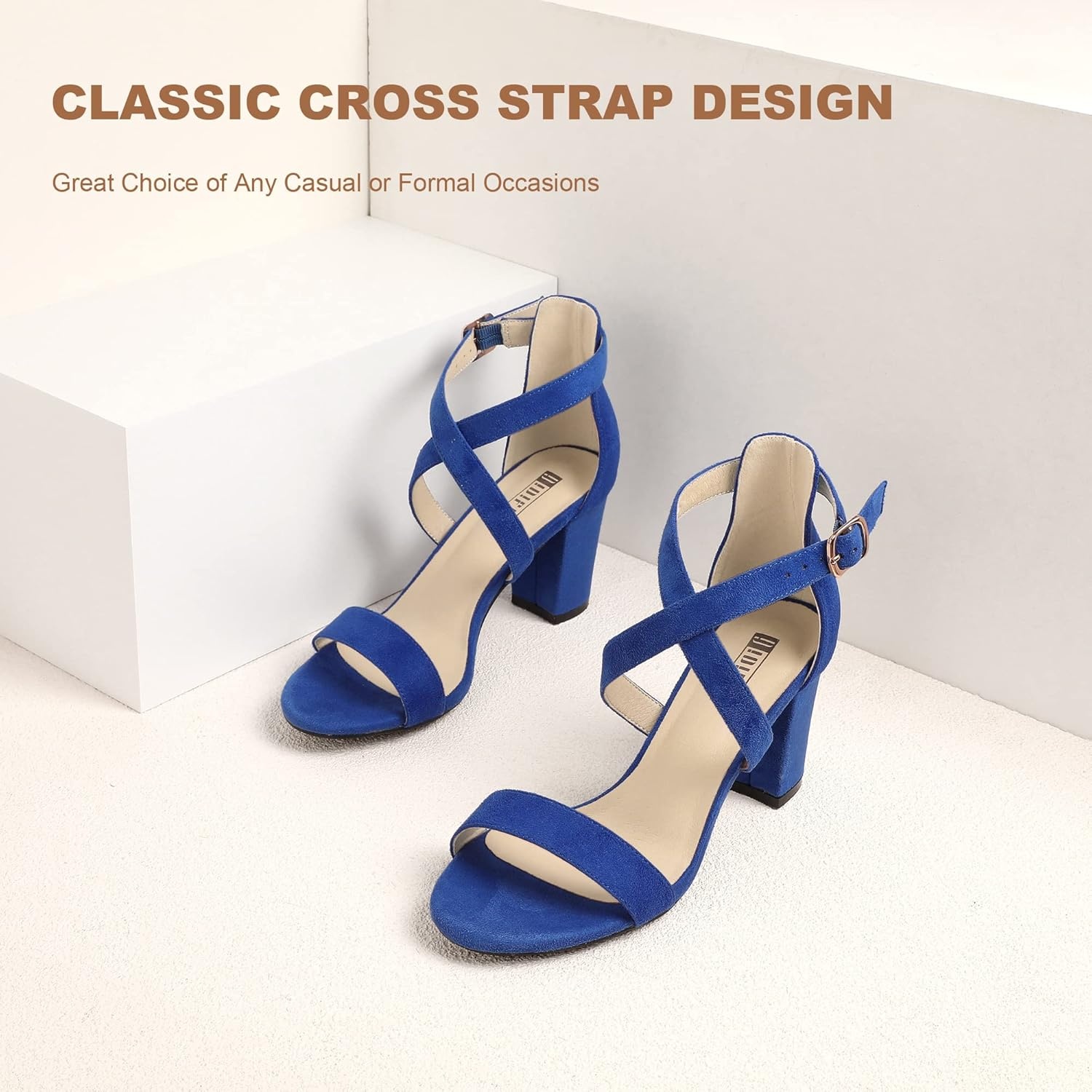 image:imageIDIFU Womens IN3 Grace Strappy Block Heels Sandals Comfy Open Toe Chunky Dress Wedding Shoes with Adjustable Cross StrapRoyal Blue Suede