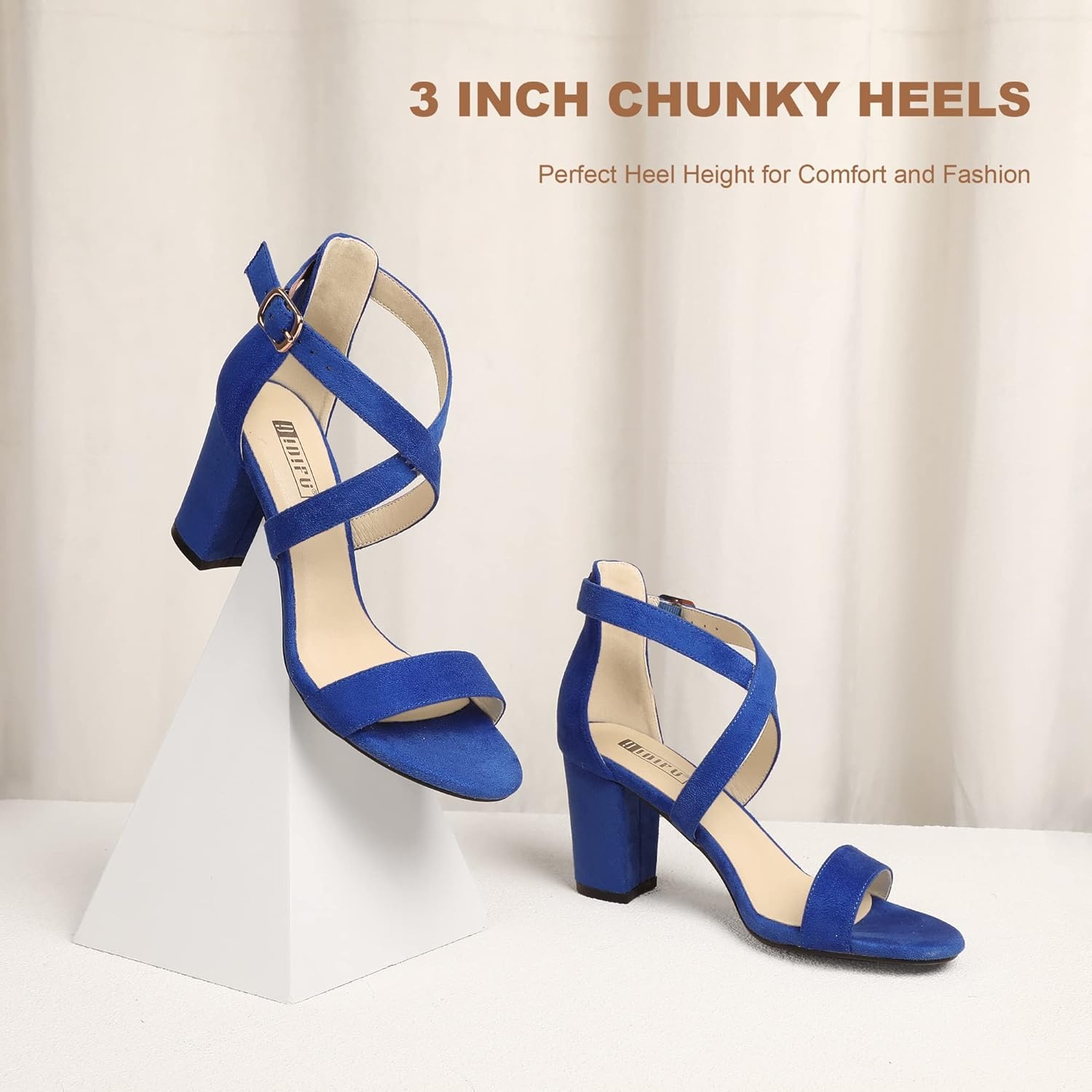 image:imageIDIFU Womens IN3 Grace Strappy Block Heels Sandals Comfy Open Toe Chunky Dress Wedding Shoes with Adjustable Cross StrapRoyal Blue Suede