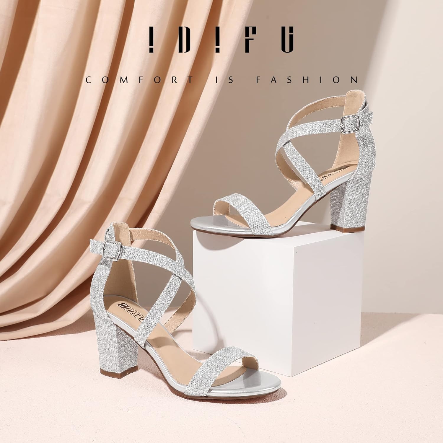 image:imageIDIFU Womens IN3 Grace Strappy Block Heels Sandals Comfy Open Toe Chunky Dress Wedding Shoes with Adjustable Cross StrapSilver Glitter