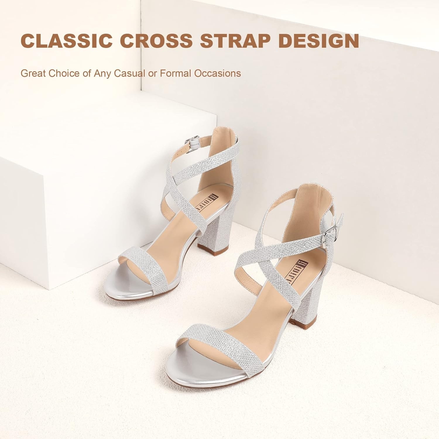 image:imageIDIFU Womens IN3 Grace Strappy Block Heels Sandals Comfy Open Toe Chunky Dress Wedding Shoes with Adjustable Cross StrapSilver Glitter