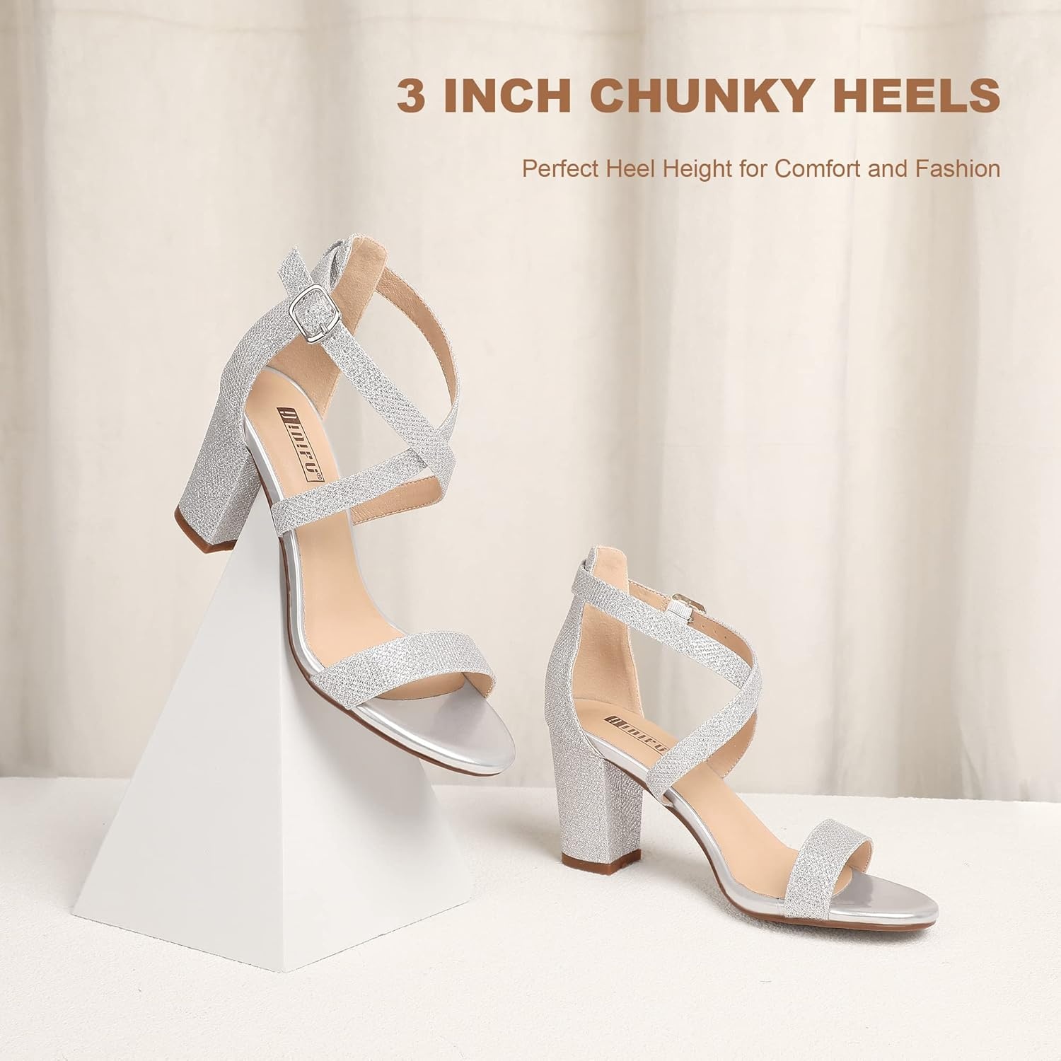 image:imageIDIFU Womens IN3 Grace Strappy Block Heels Sandals Comfy Open Toe Chunky Dress Wedding Shoes with Adjustable Cross StrapSilver Glitter