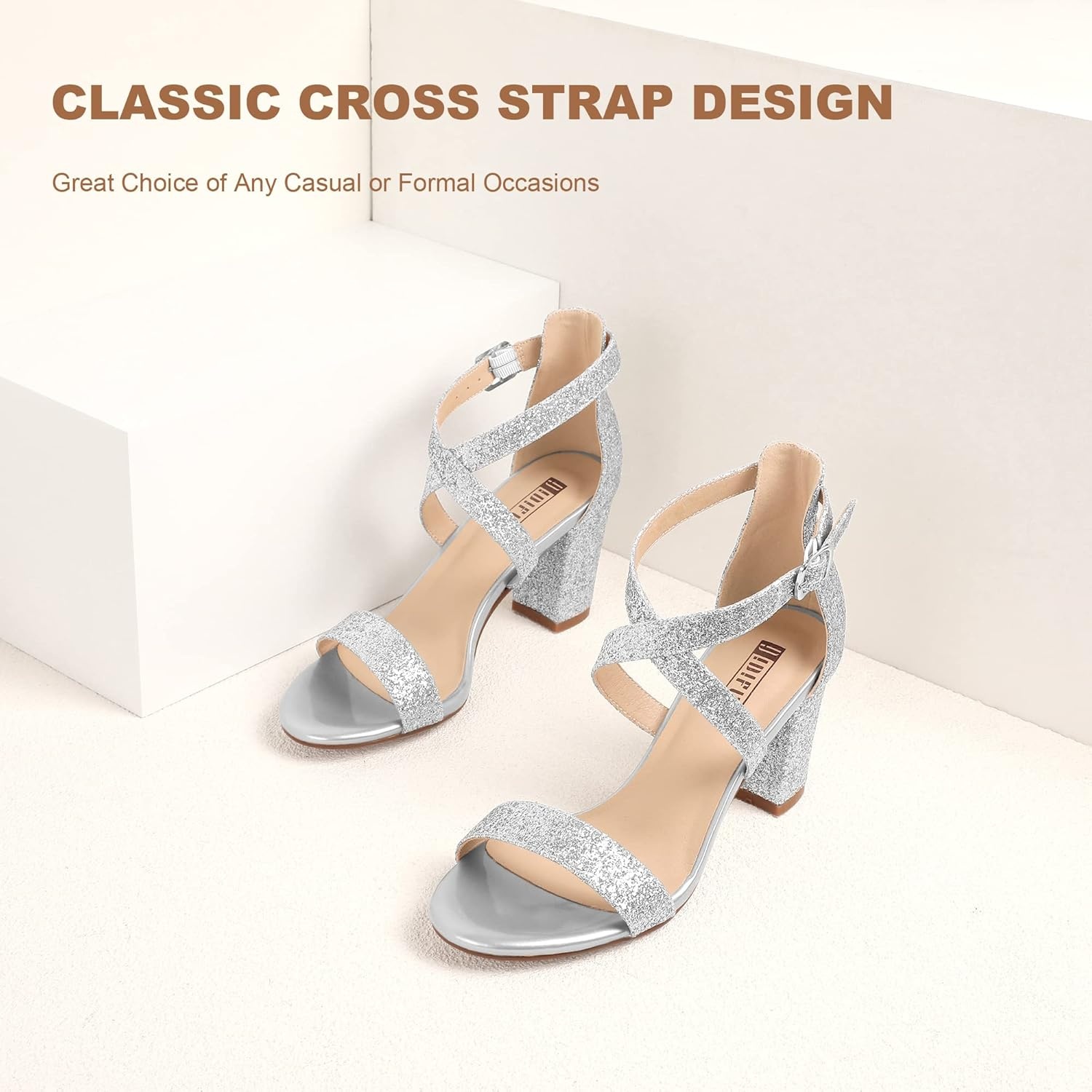 image:imageIDIFU Womens IN3 Grace Strappy Block Heels Sandals Comfy Open Toe Chunky Dress Wedding Shoes with Adjustable Cross StrapSilver Sparkle