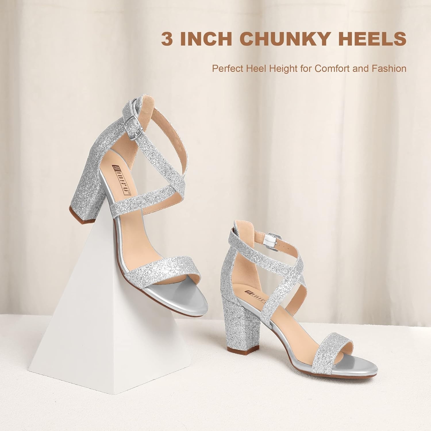 image:imageIDIFU Womens IN3 Grace Strappy Block Heels Sandals Comfy Open Toe Chunky Dress Wedding Shoes with Adjustable Cross StrapSilver Sparkle