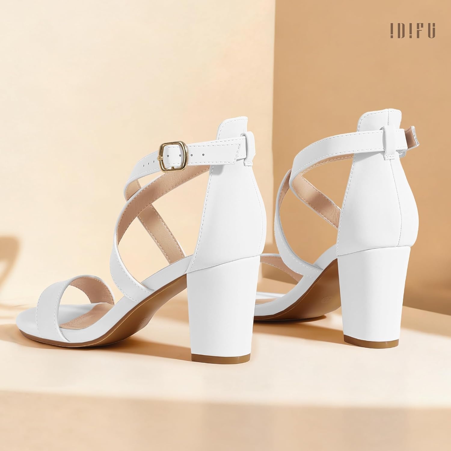image:imageIDIFU Womens IN3 Grace Strappy Block Heels Sandals Comfy Open Toe Chunky Dress Wedding Shoes with Adjustable Cross StrapWhite Pu
