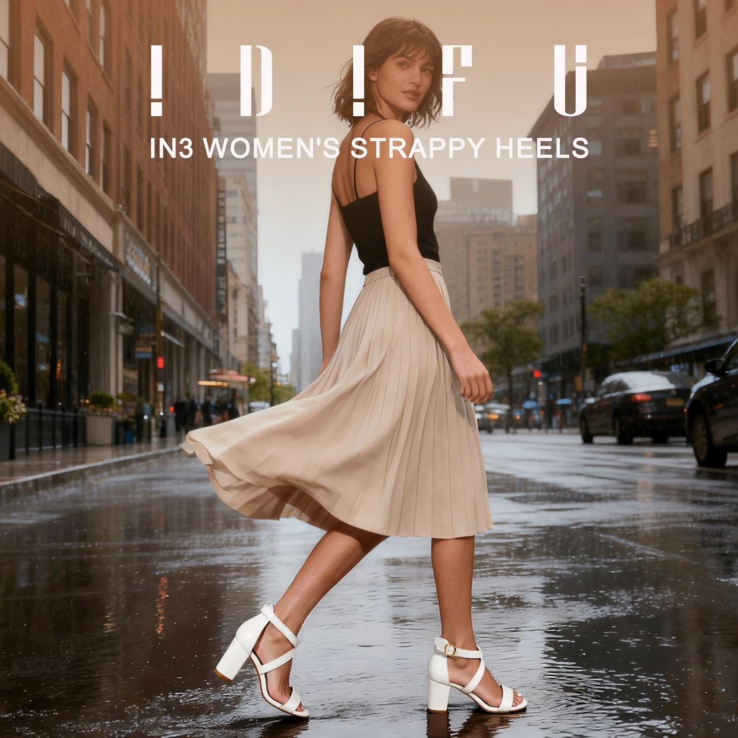 image:imageIDIFU Womens IN3 Grace Strappy Block Heels Sandals Comfy Open Toe Chunky Dress Wedding Shoes with Adjustable Cross StrapWhite Pu