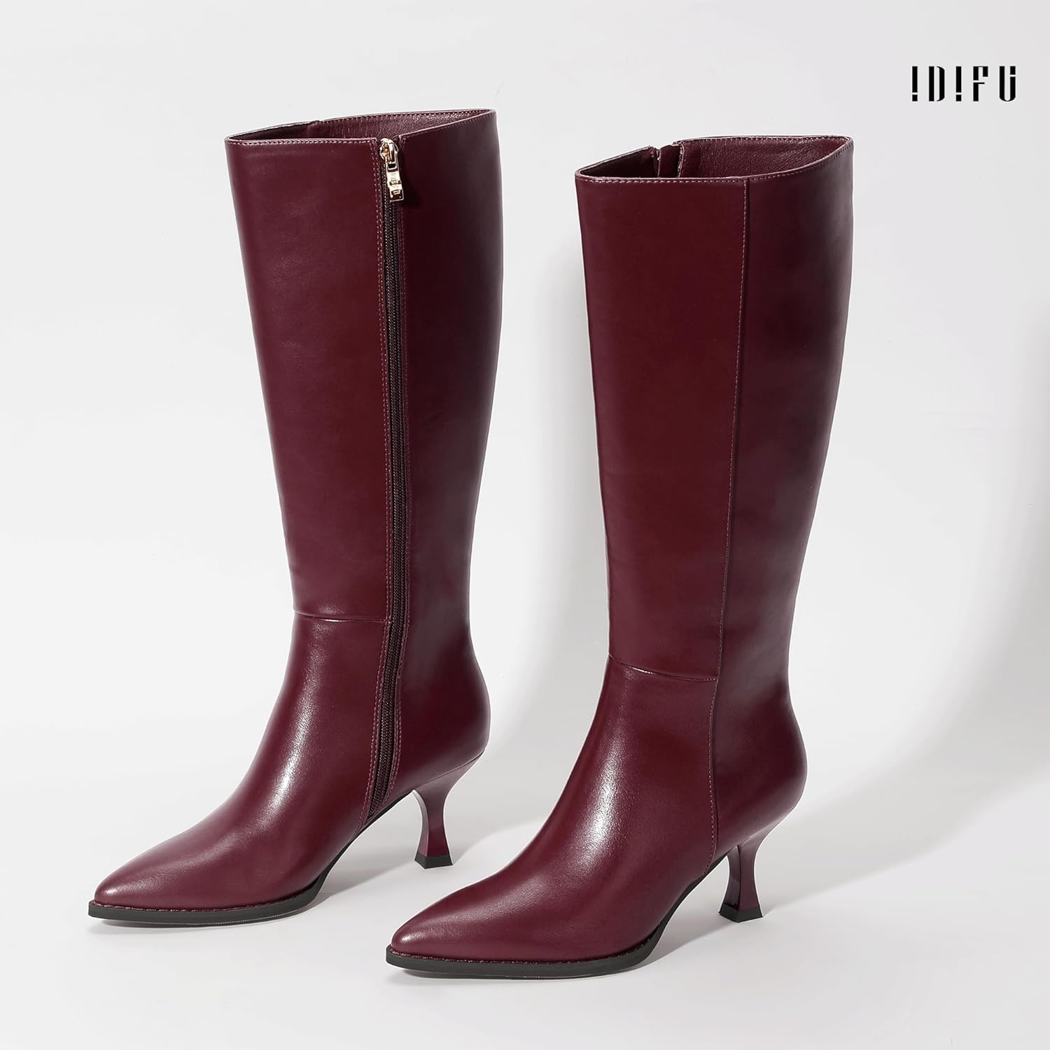 image:imageIDIFU Womens IN3 Knee High Tall Boots Pointed Toe Low Kitten Heel Long Fall Boot Side Zipper for Women Ladies Dress Dressy Fashion Small Heeled BootsBurgundy Pu