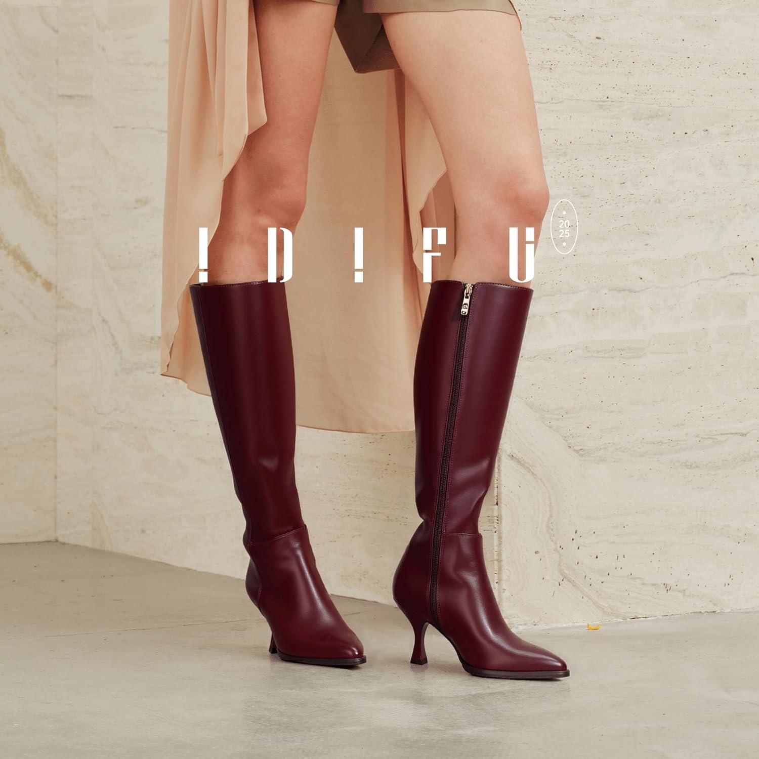 image:imageIDIFU Womens IN3 Knee High Tall Boots Pointed Toe Low Kitten Heel Long Fall Boot Side Zipper for Women Ladies Dress Dressy Fashion Small Heeled BootsBurgundy Pu