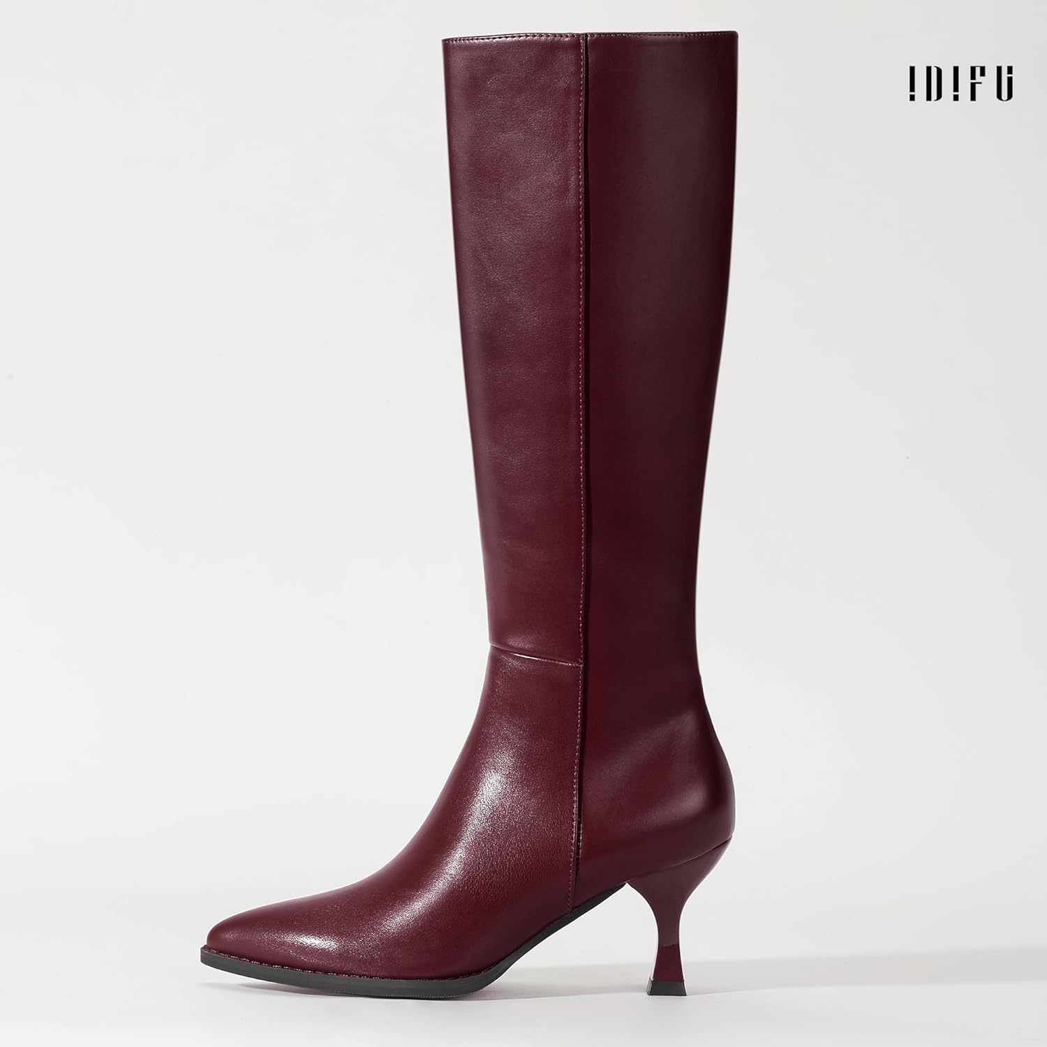 image:imageIDIFU Womens IN3 Knee High Tall Boots Pointed Toe Low Kitten Heel Long Fall Boot Side Zipper for Women Ladies Dress Dressy Fashion Small Heeled BootsBurgundy Pu