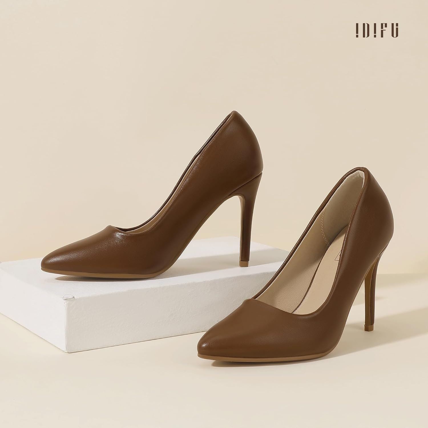 image:imageIDIFU Womens IN4 Classic Pointed Toe High Heels Pumps Wedding Dress Office ShoesBrown Pu