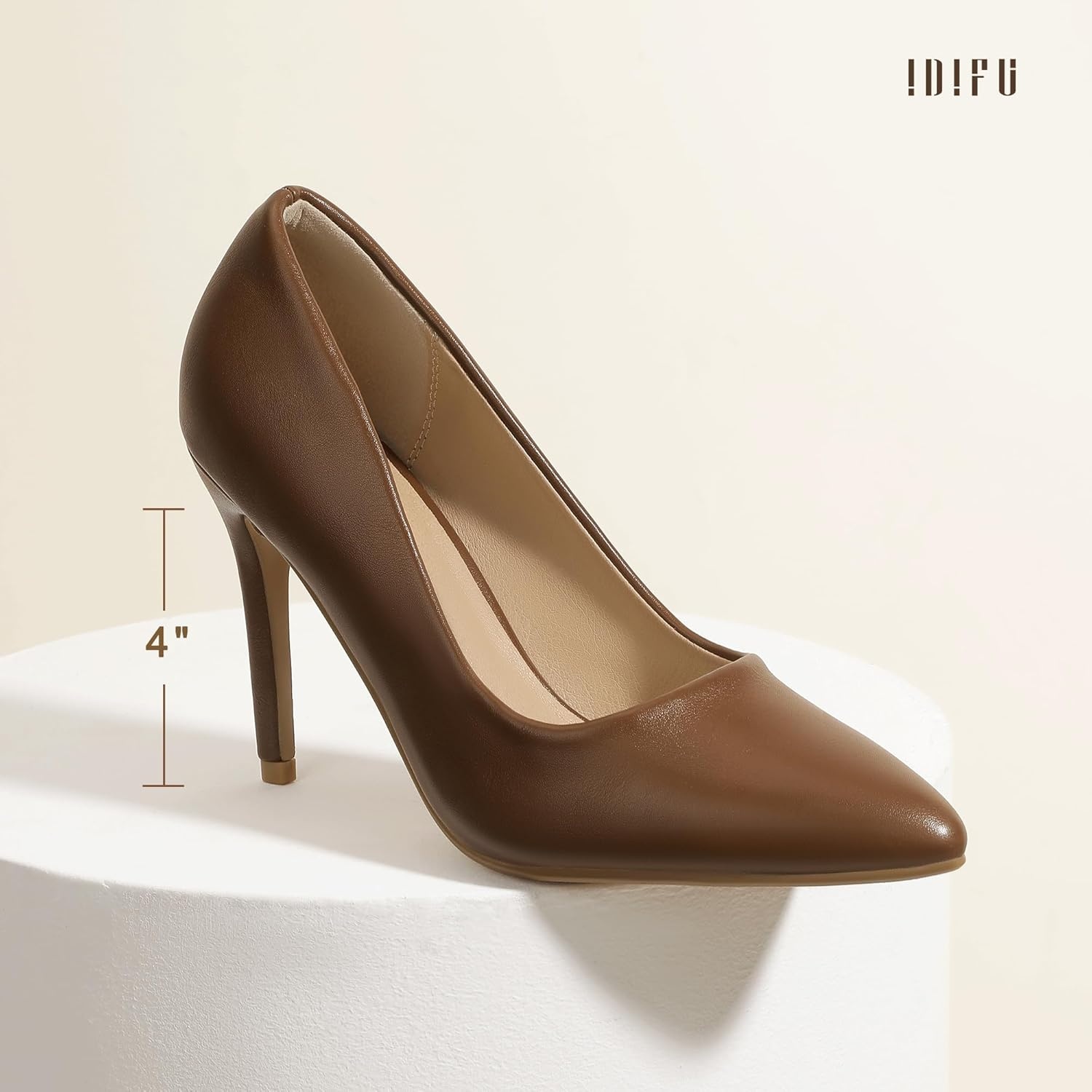 image:imageIDIFU Womens IN4 Classic Pointed Toe High Heels Pumps Wedding Dress Office ShoesBrown Pu