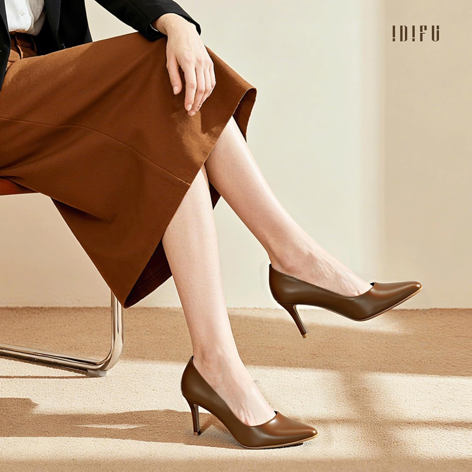 image:imageIDIFU Womens IN4 Classic Pointed Toe High Heels Pumps Wedding Dress Office ShoesBrown Pu