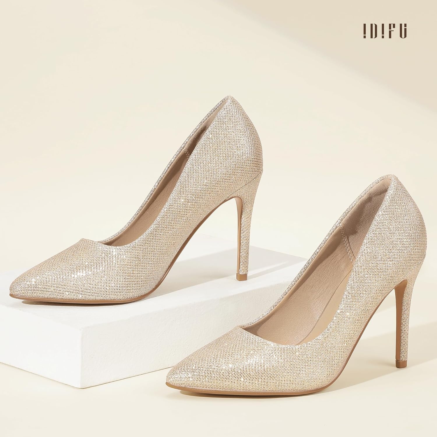 image:imageIDIFU Womens IN4 Classic Pointed Toe High Heels Pumps Wedding Dress Office ShoesGold Glitter