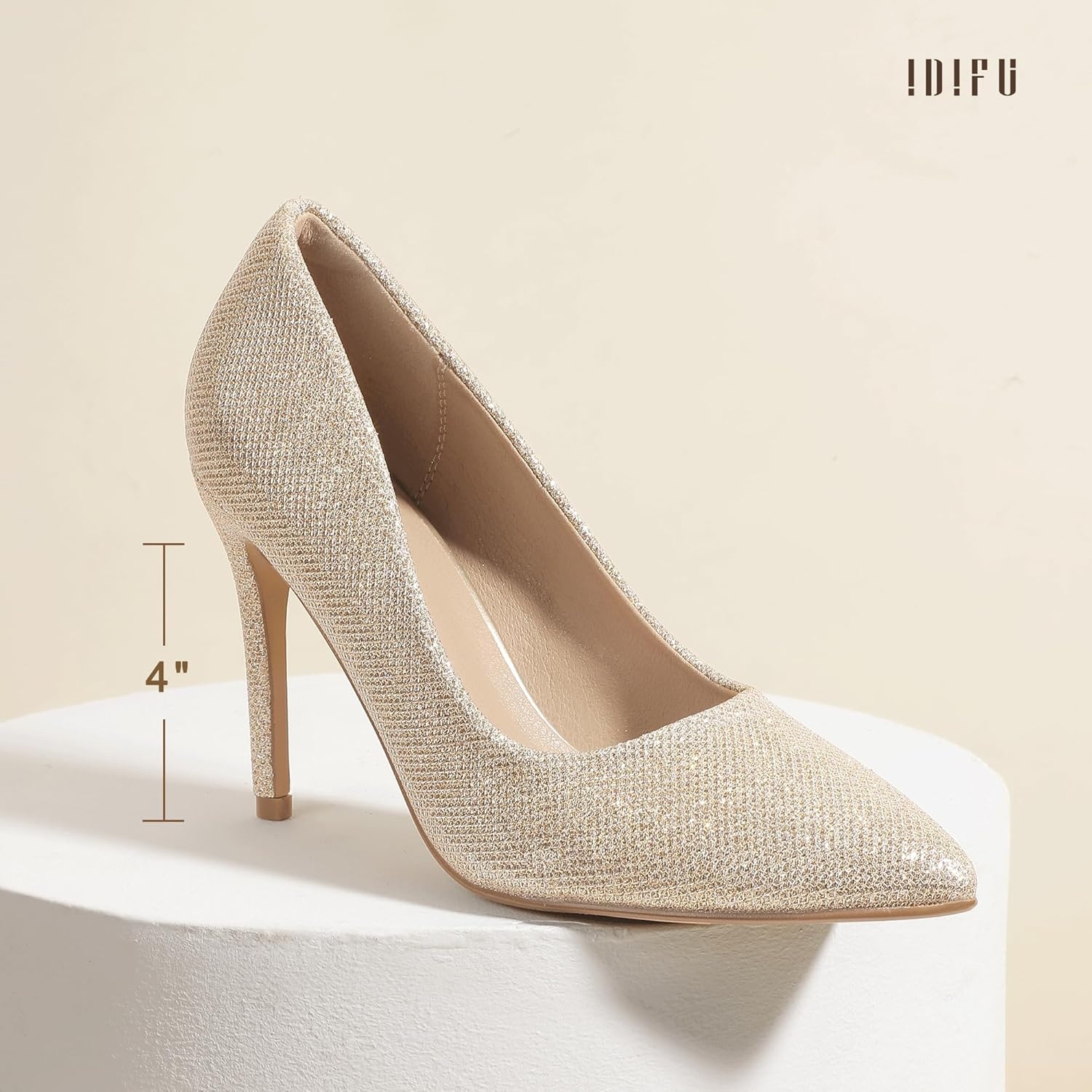 image:imageIDIFU Womens IN4 Classic Pointed Toe High Heels Pumps Wedding Dress Office ShoesGold Glitter
