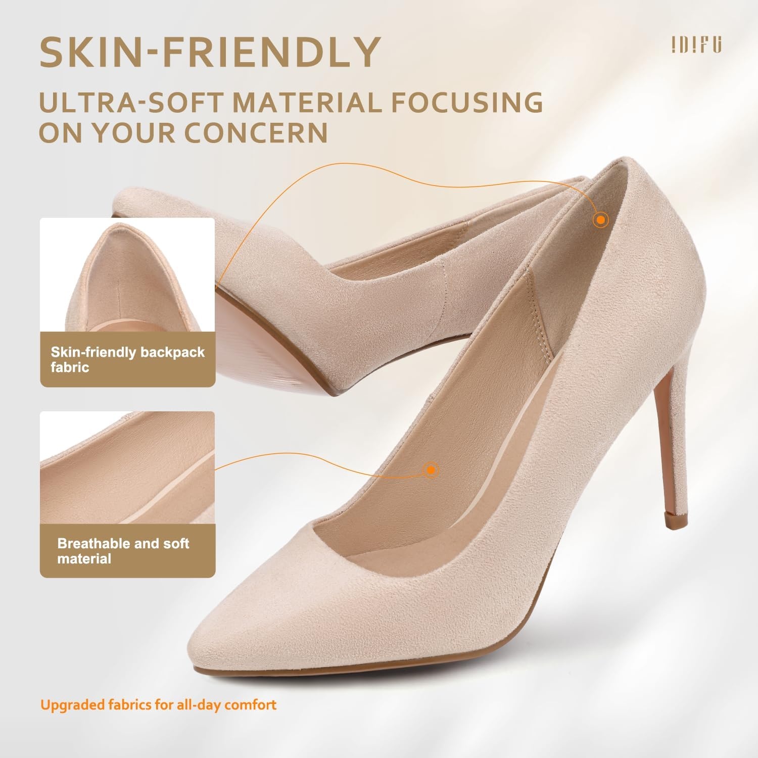 image:imageIDIFU Womens IN4 Classic Pointed Toe High Heels Pumps Wedding Dress Office ShoesNude Suede