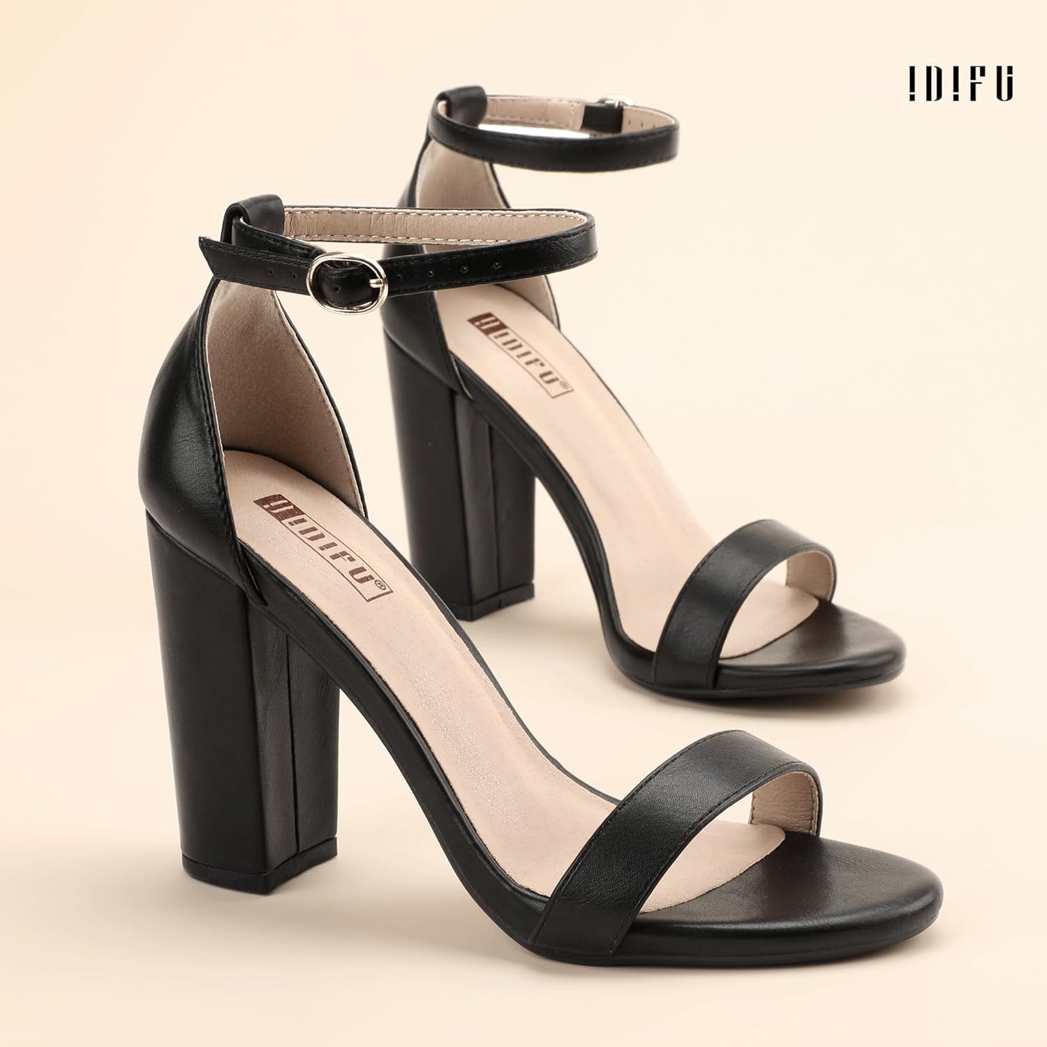 image:imageIDIFU Womens IN4 CookieHI Chunky High Heel Sandals Open Toe Ankle Strap Wedding Bridal Prom Dress Shoes For Women Bride BridesmaidBlack Pu