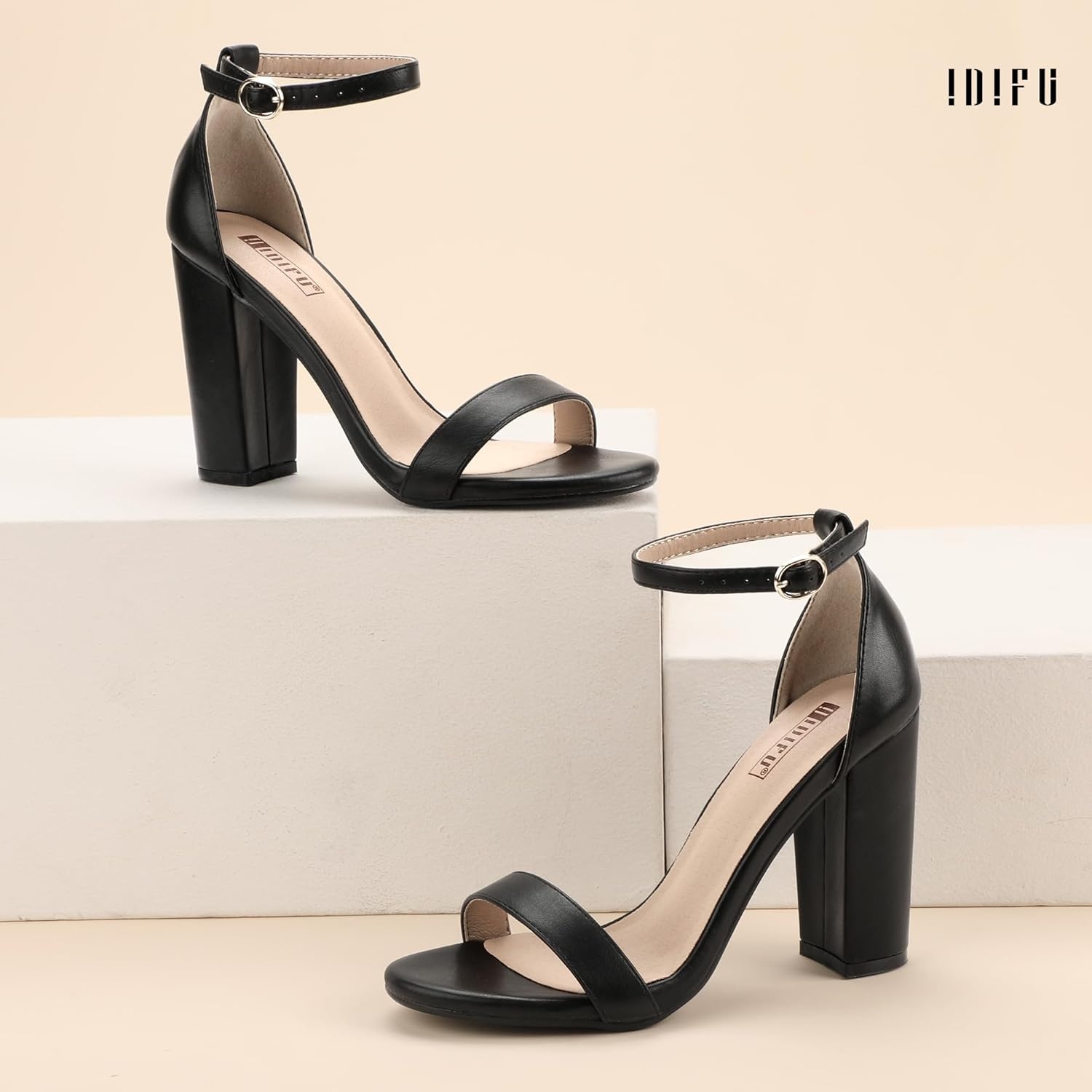 image:imageIDIFU Womens IN4 CookieHI Chunky High Heel Sandals Open Toe Ankle Strap Wedding Bridal Prom Dress Shoes For Women Bride BridesmaidBlack Pu