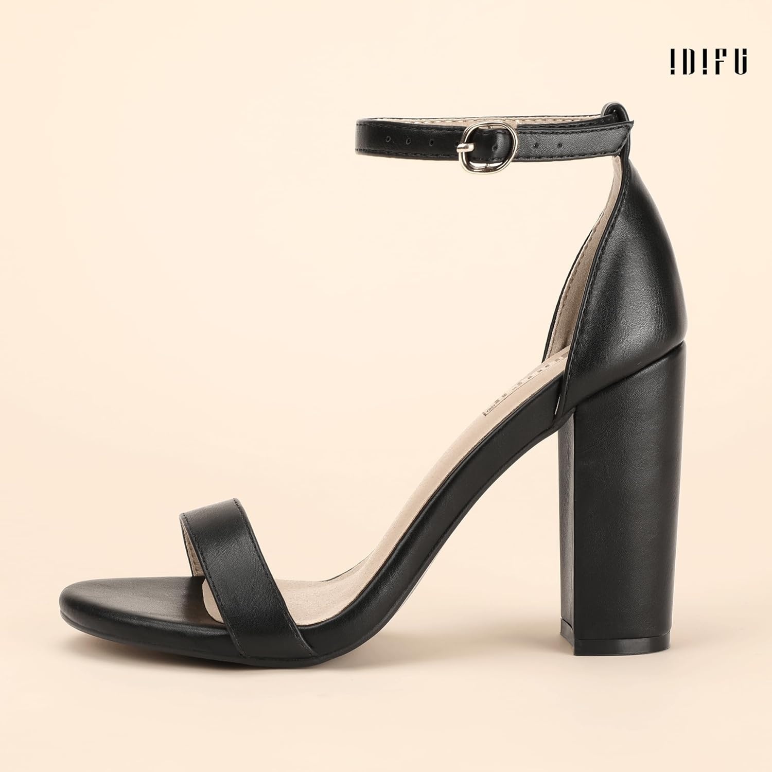 image:imageIDIFU Womens IN4 CookieHI Chunky High Heel Sandals Open Toe Ankle Strap Wedding Bridal Prom Dress Shoes For Women Bride BridesmaidBlack Pu