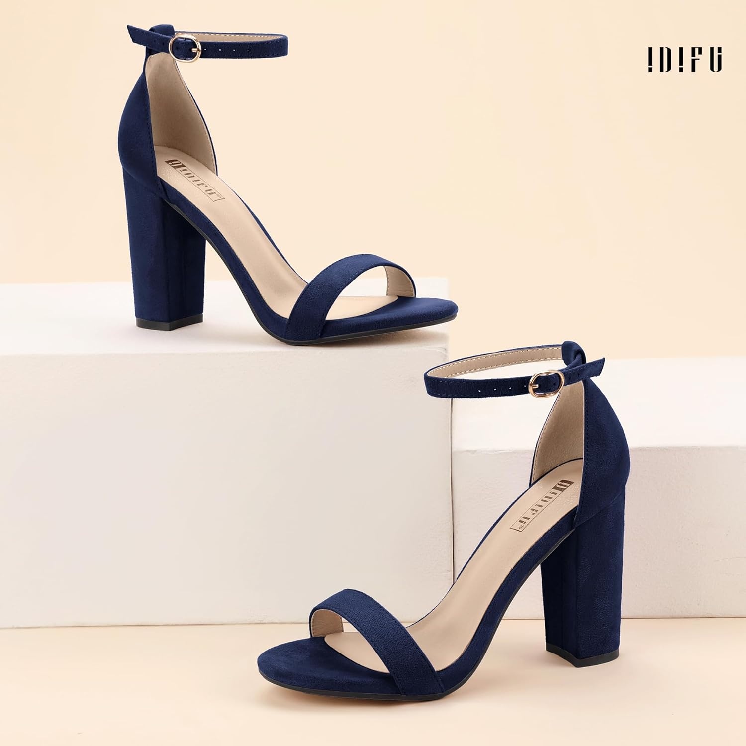 image:imageIDIFU Womens IN4 CookieHI Chunky High Heel Sandals Open Toe Ankle Strap Wedding Bridal Prom Dress Shoes For Women Bride BridesmaidBlue Suede