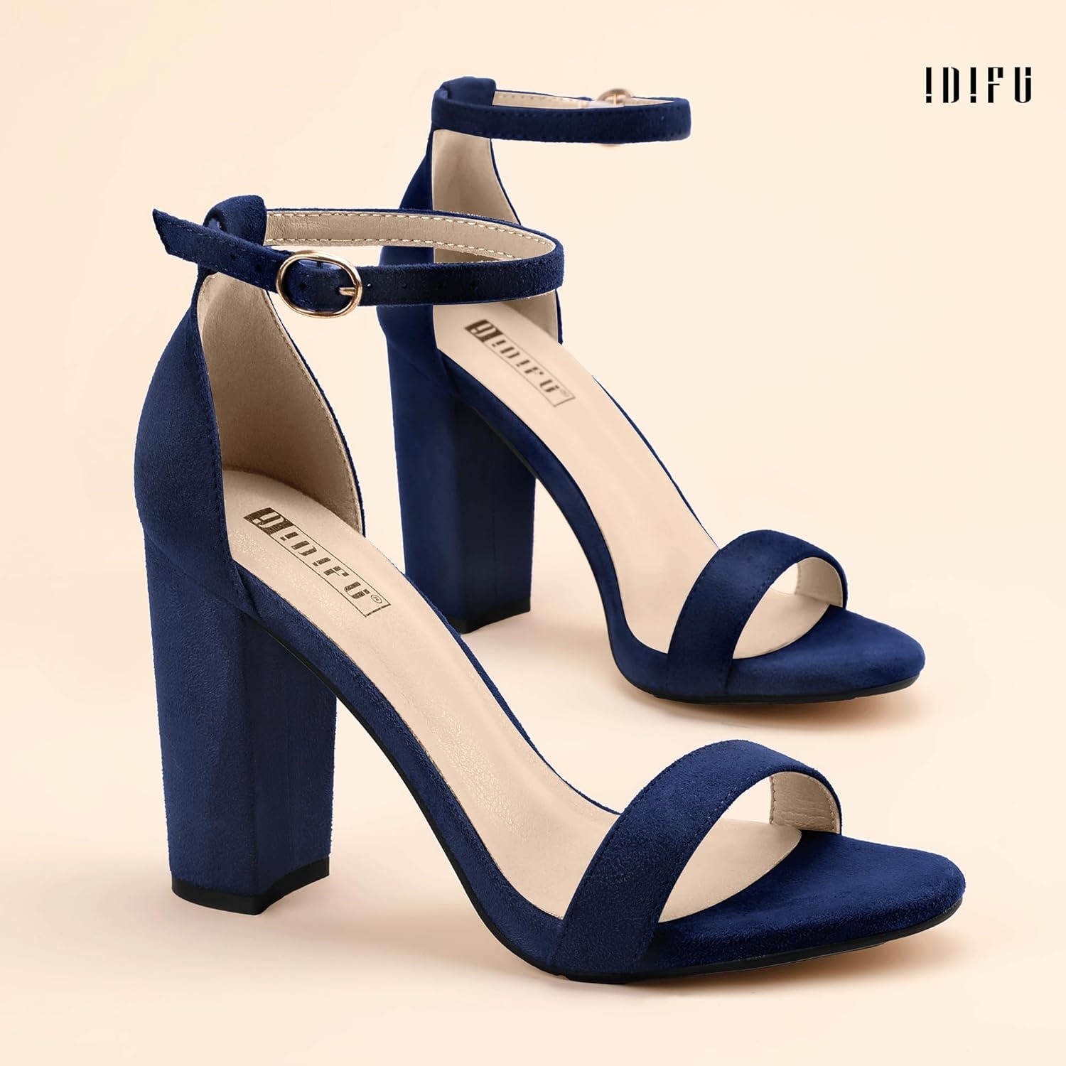 image:imageIDIFU Womens IN4 CookieHI Chunky High Heel Sandals Open Toe Ankle Strap Wedding Bridal Prom Dress Shoes For Women Bride BridesmaidBlue Suede