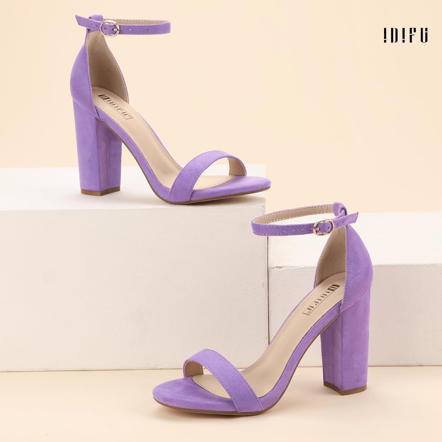 image:imageIDIFU Womens IN4 CookieHI Chunky High Heel Sandals Open Toe Ankle Strap Wedding Bridal Prom Dress Shoes For Women Bride BridesmaidLavender Suede
