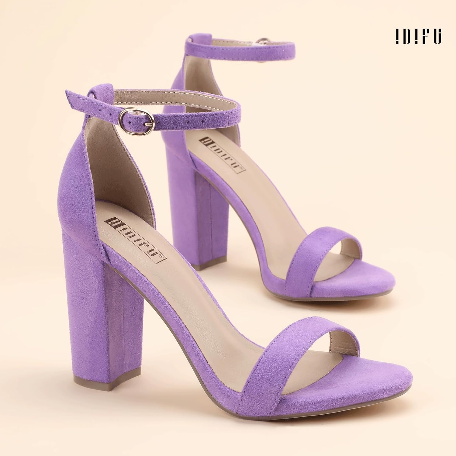 image:imageIDIFU Womens IN4 CookieHI Chunky High Heel Sandals Open Toe Ankle Strap Wedding Bridal Prom Dress Shoes For Women Bride BridesmaidLavender Suede