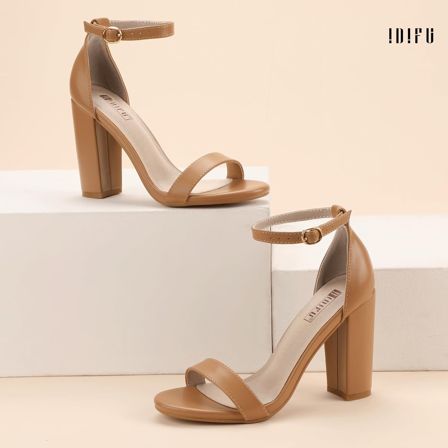 image:imageIDIFU Womens IN4 CookieHI Chunky High Heel Sandals Open Toe Ankle Strap Wedding Bridal Prom Dress Shoes For Women Bride BridesmaidNude Pu