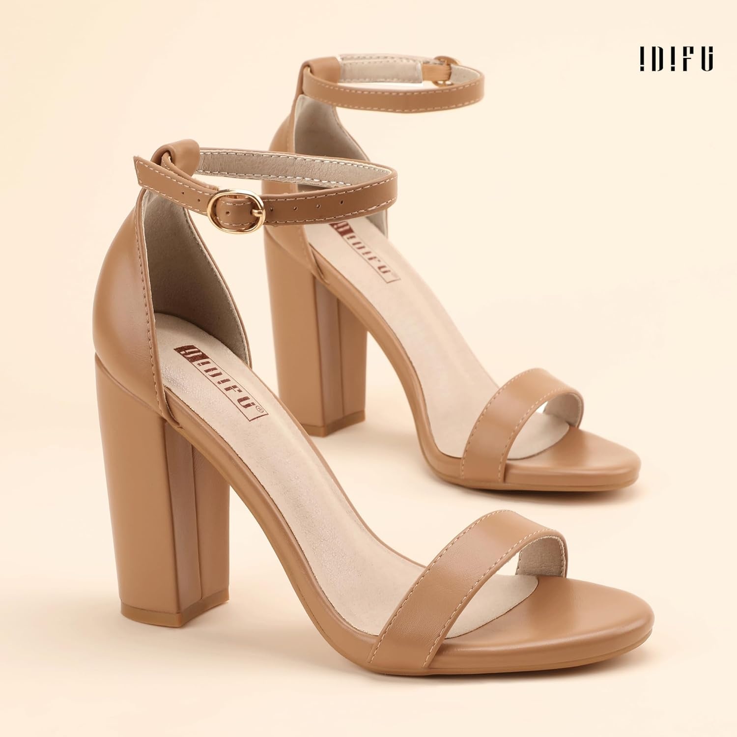 image:imageIDIFU Womens IN4 CookieHI Chunky High Heel Sandals Open Toe Ankle Strap Wedding Bridal Prom Dress Shoes For Women Bride BridesmaidNude Pu