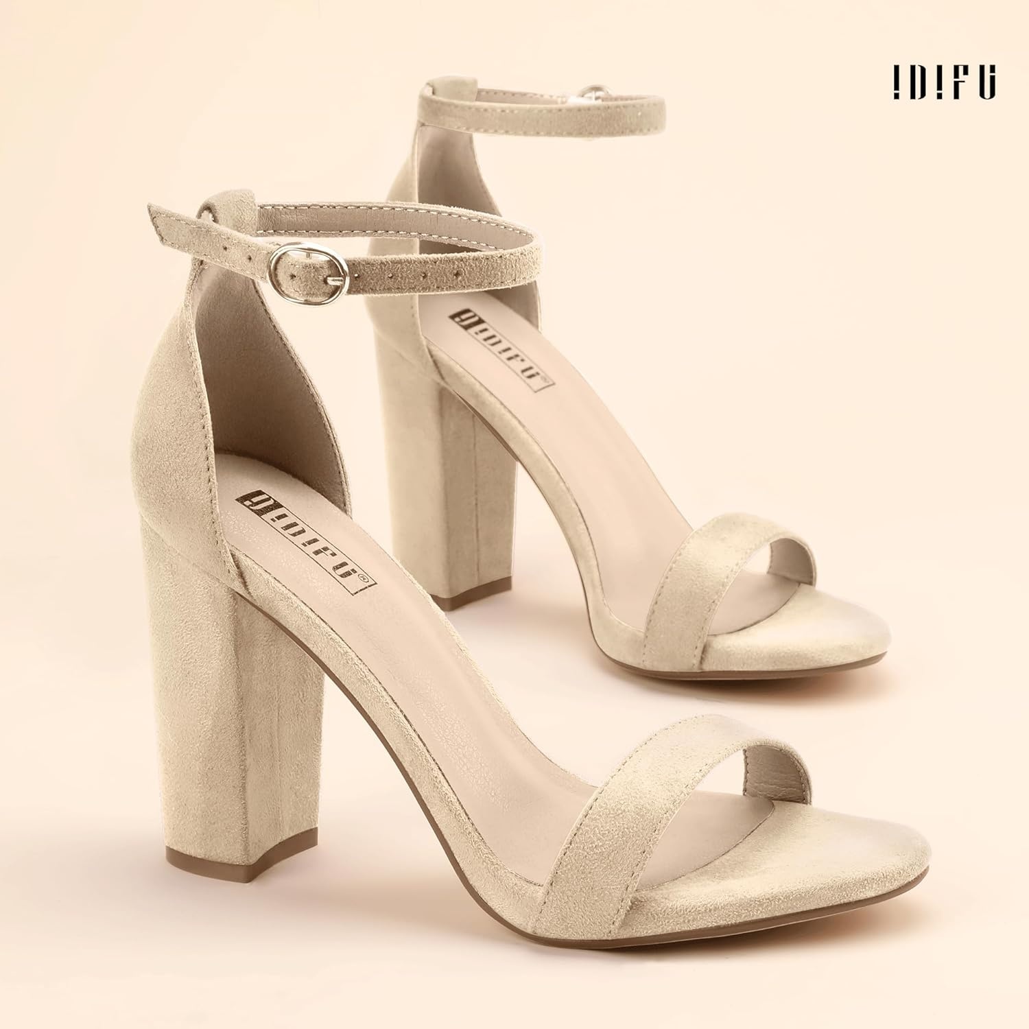 image:imageIDIFU Womens IN4 CookieHI Chunky High Heel Sandals Open Toe Ankle Strap Wedding Bridal Prom Dress Shoes For Women Bride BridesmaidNude Suede